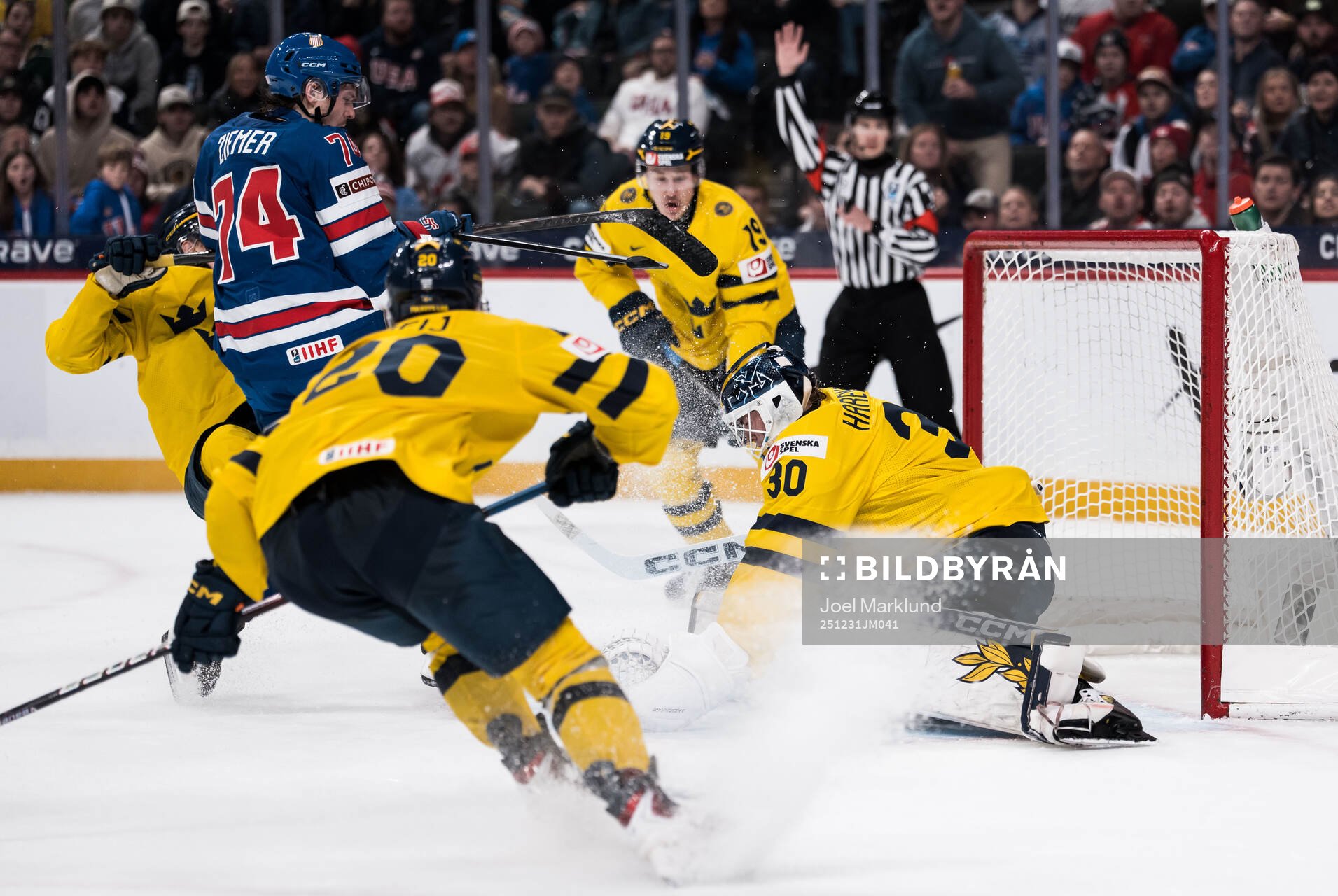 Brodie Ziemer of USA and goaltender Love Härenstam of