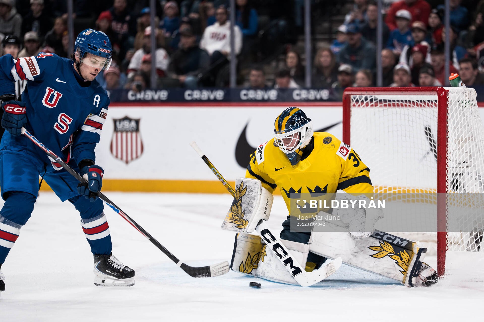 Teddy Stiga of USA and goaltender Love Härenstam of Sweden