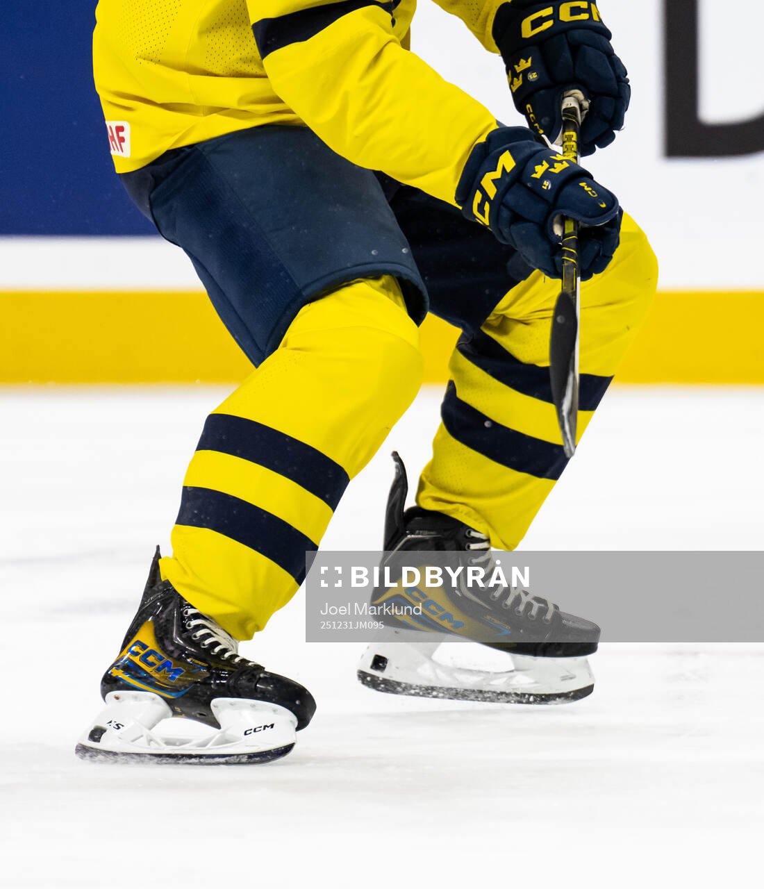 Skates and stick of Viggo Björck of Sweden at warm-up