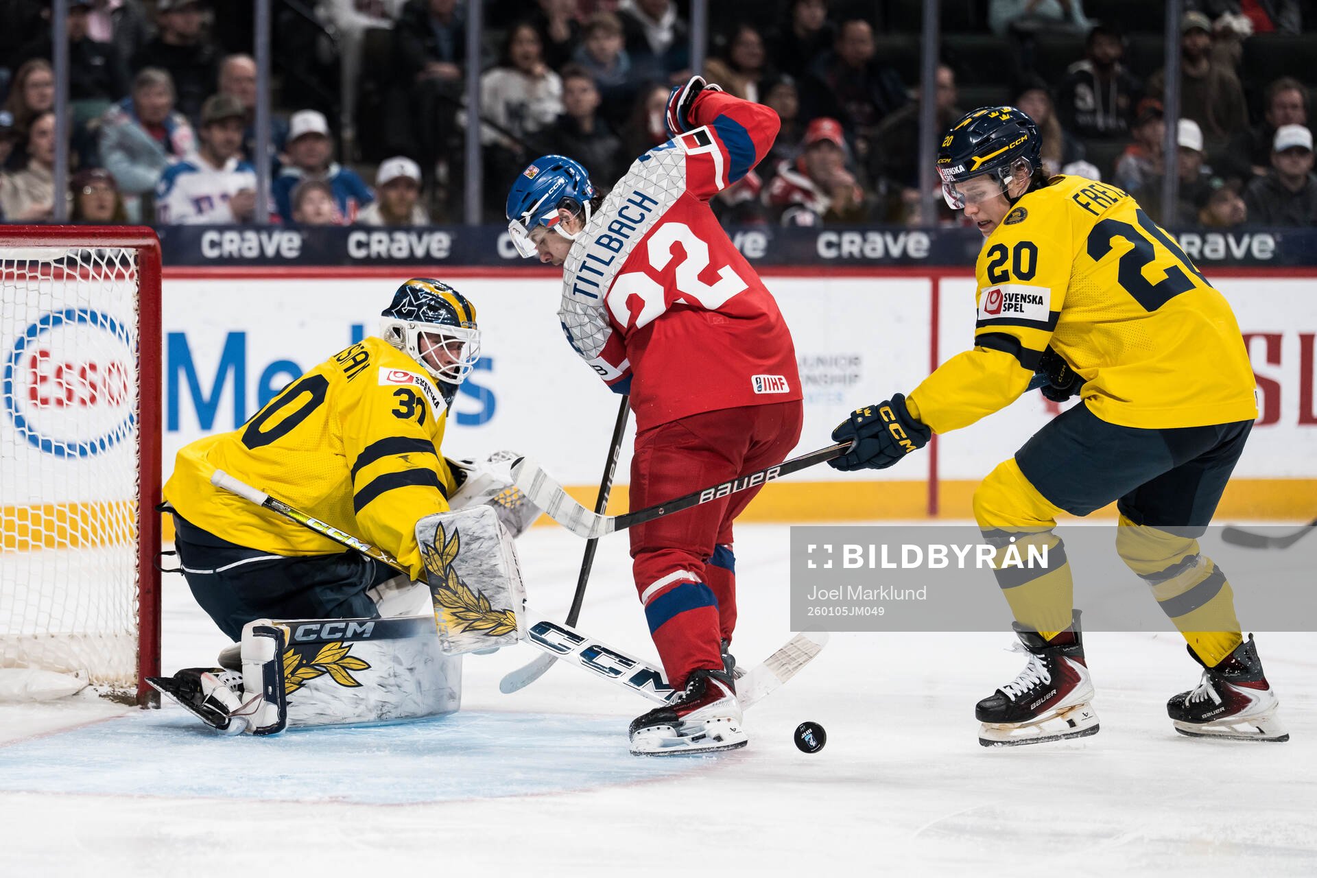 Goaltender Love Härenstam of Sweden and Adam Titlbach of