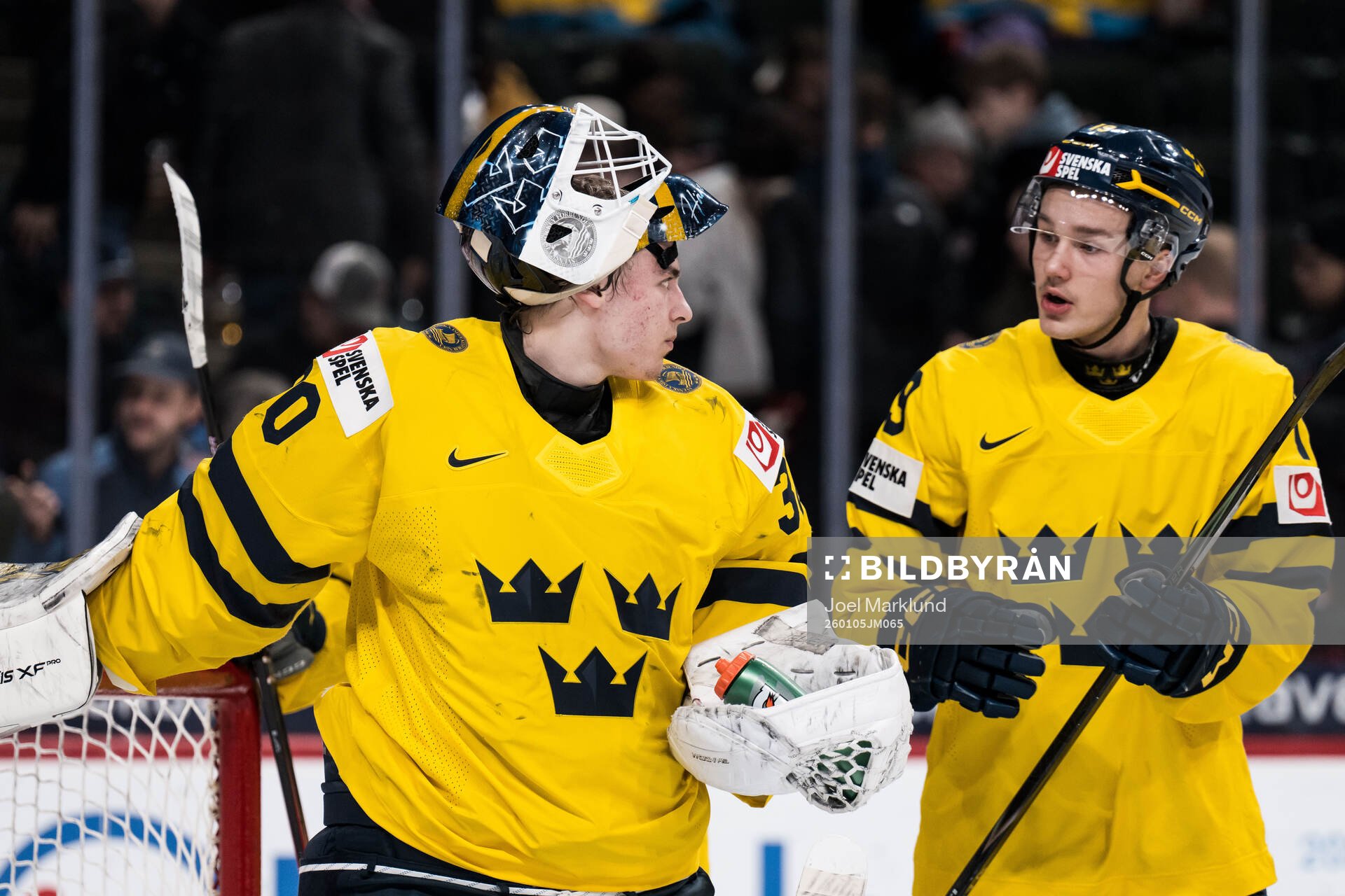Goaltender Love Härenstam and William Håkansson of Sweden