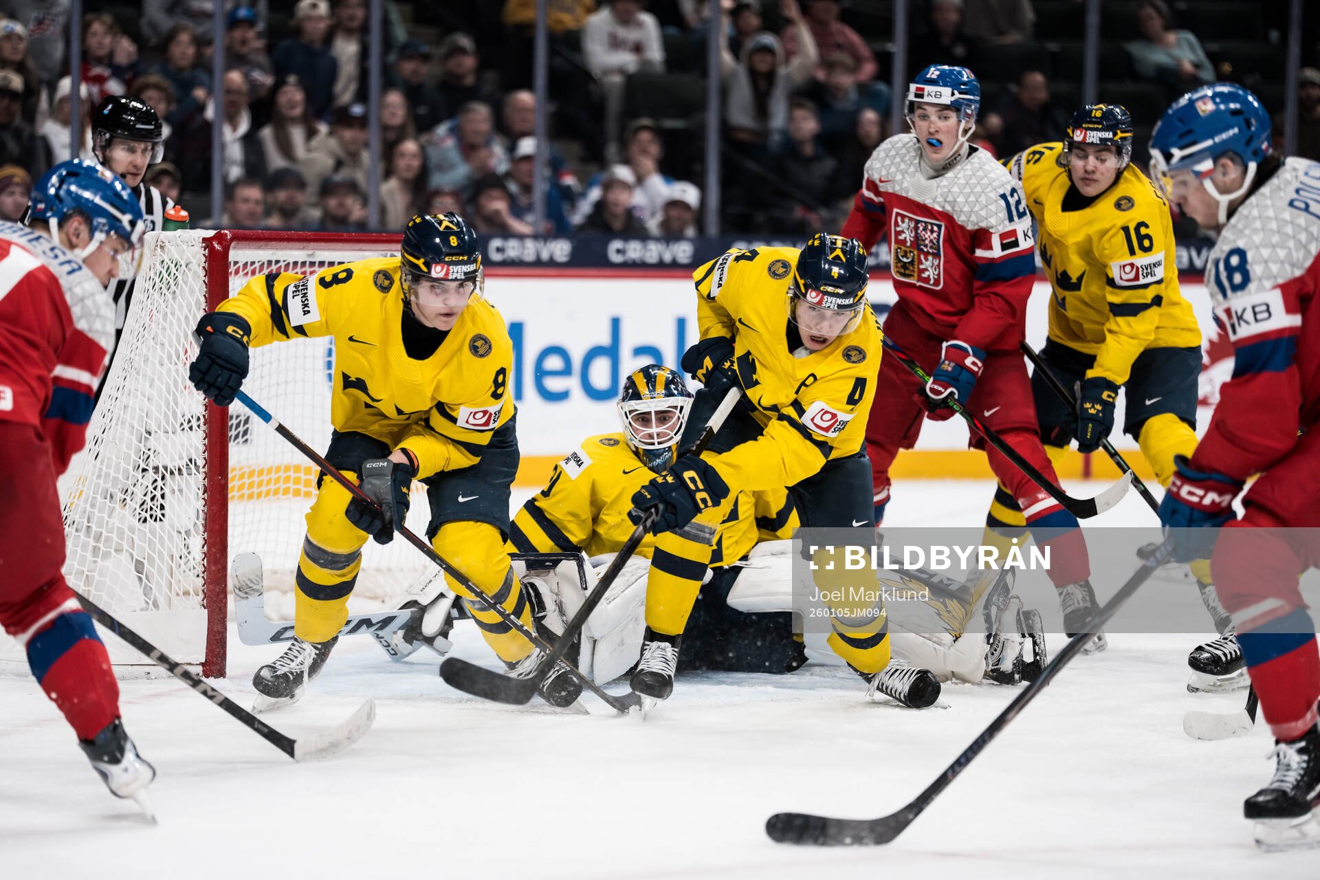Felix Carell, goaltender Love Härenstam and Leo Sahlin