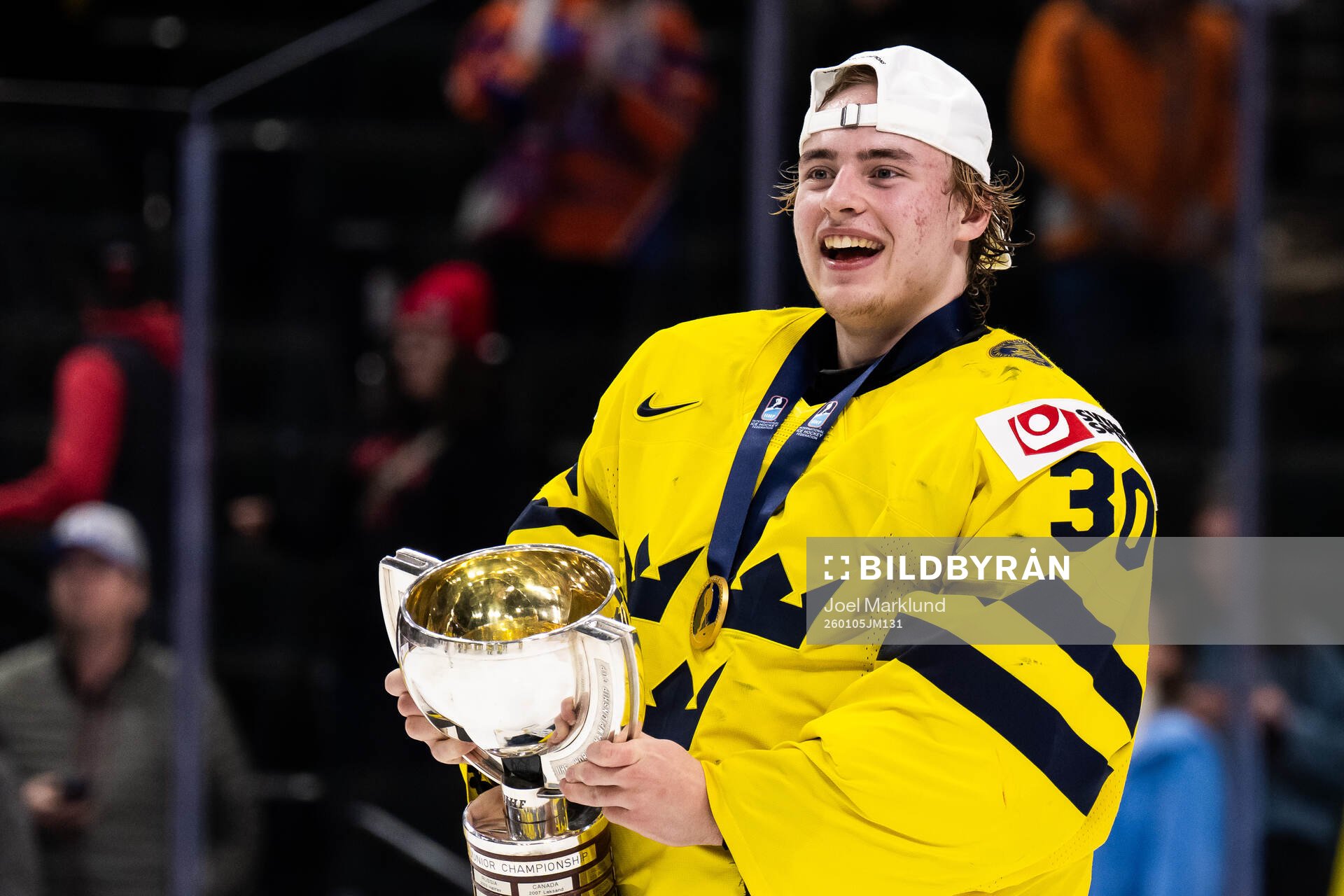 Goaltender Love Härenstam of Sweden celebrates