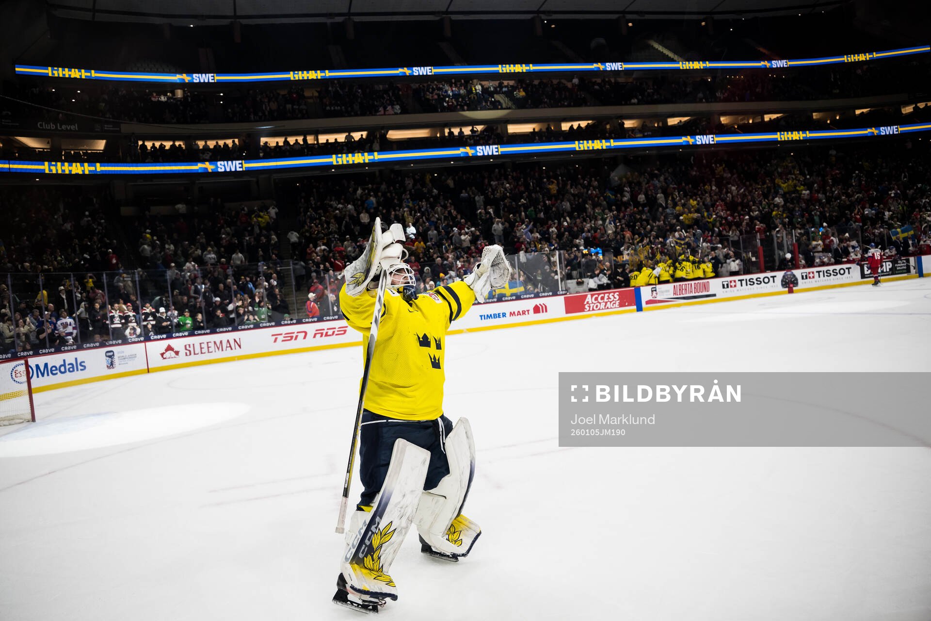 Goaltender Love Härenstam of Sweden celebrates