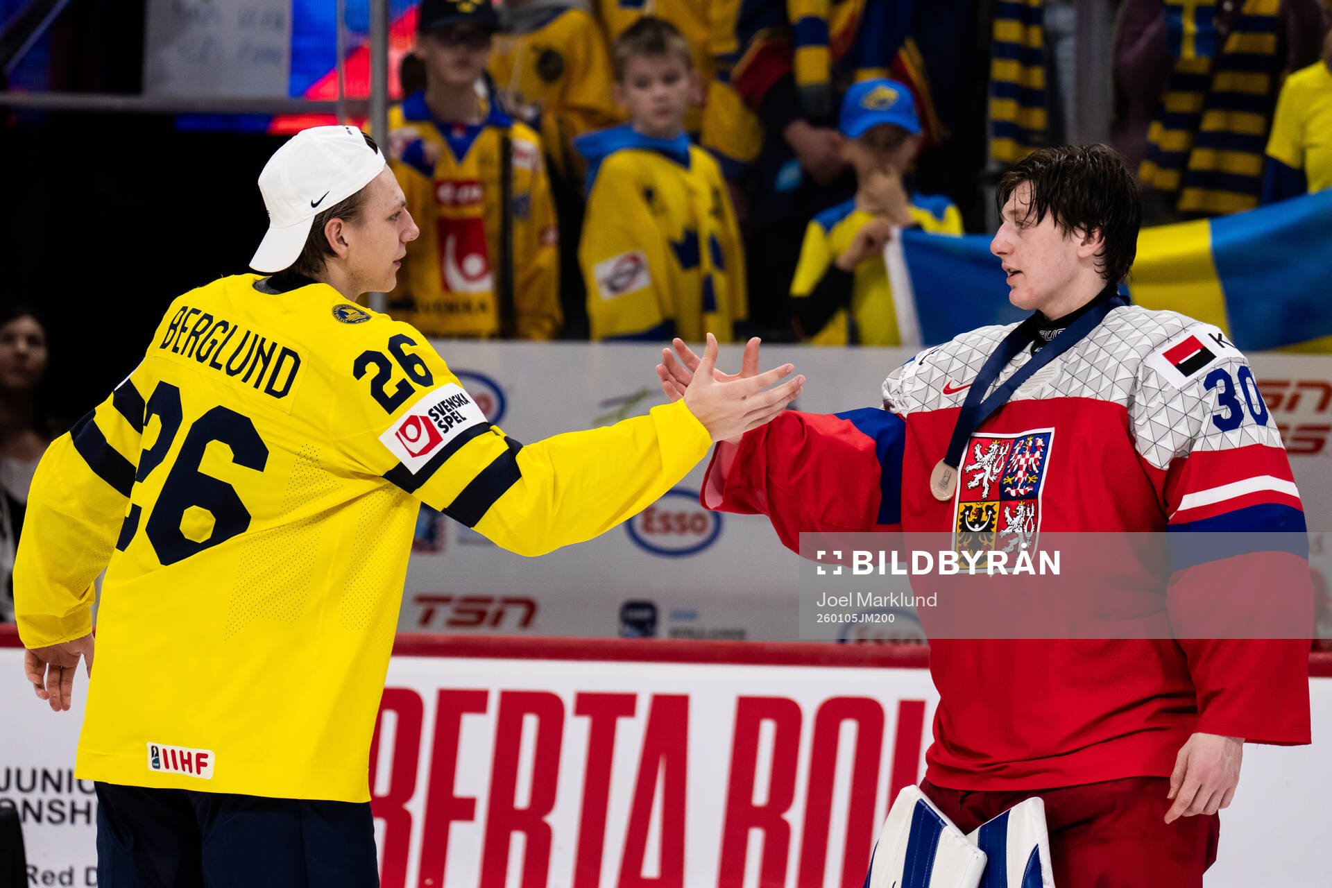 Jack Berglund of Sweden and goaltender Michal Orsulak of