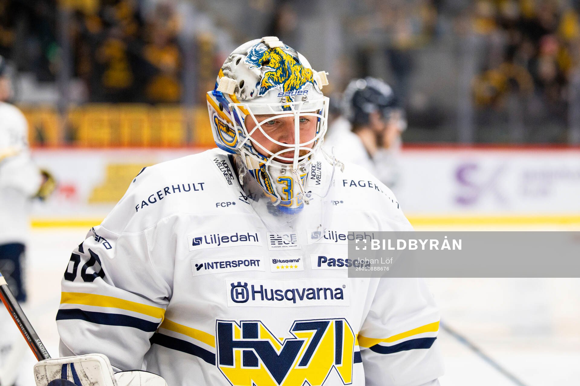 HV71s målvakt Felix Sandström innan ishockeymatchen i SHL