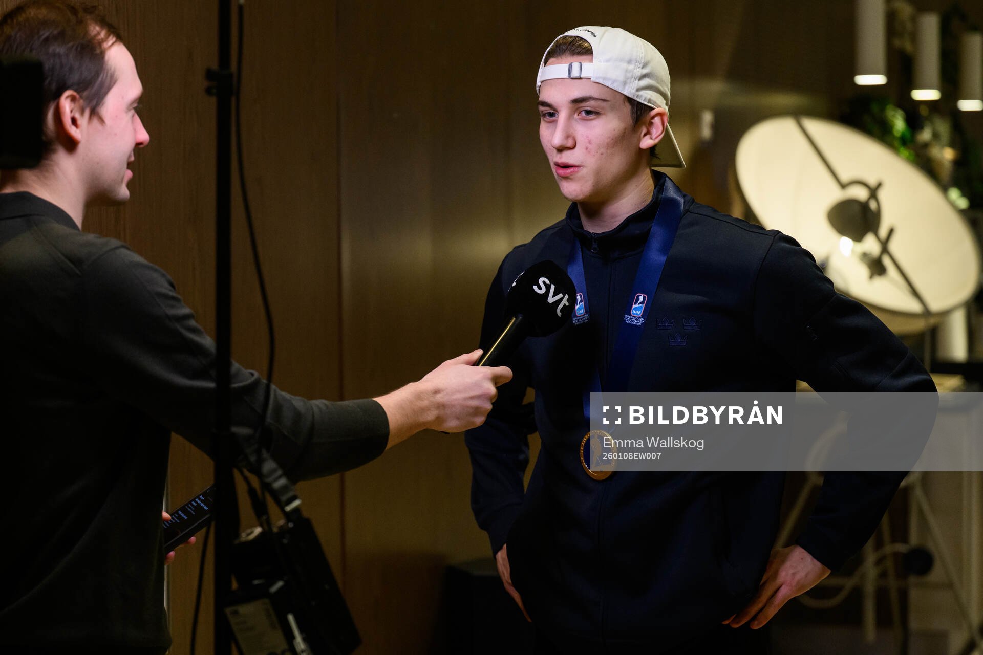 Victor Eklund of Sweden speaks to media