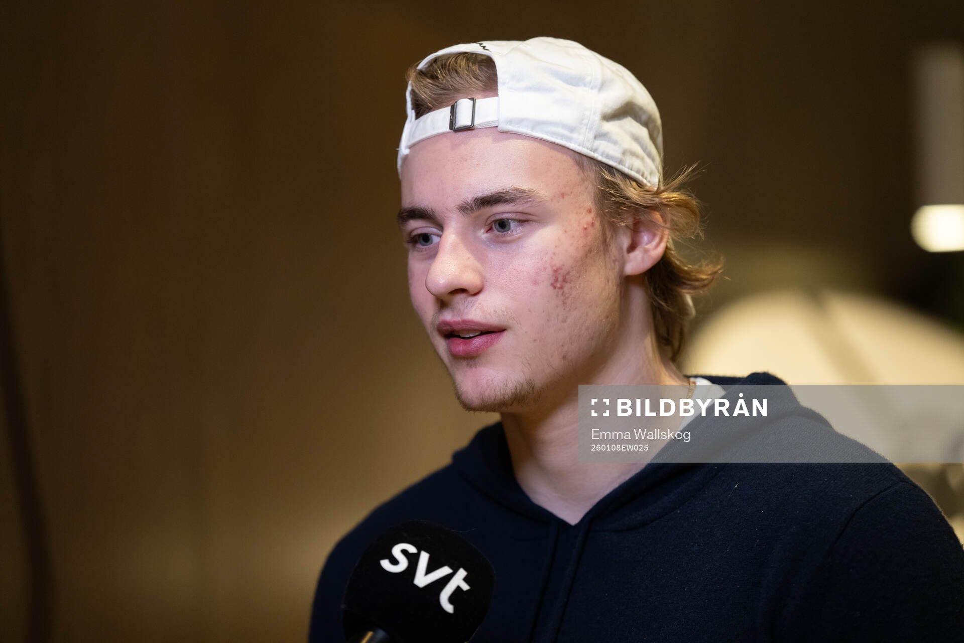 Goaltender Love Härenstam of Sweden is interviewed as he