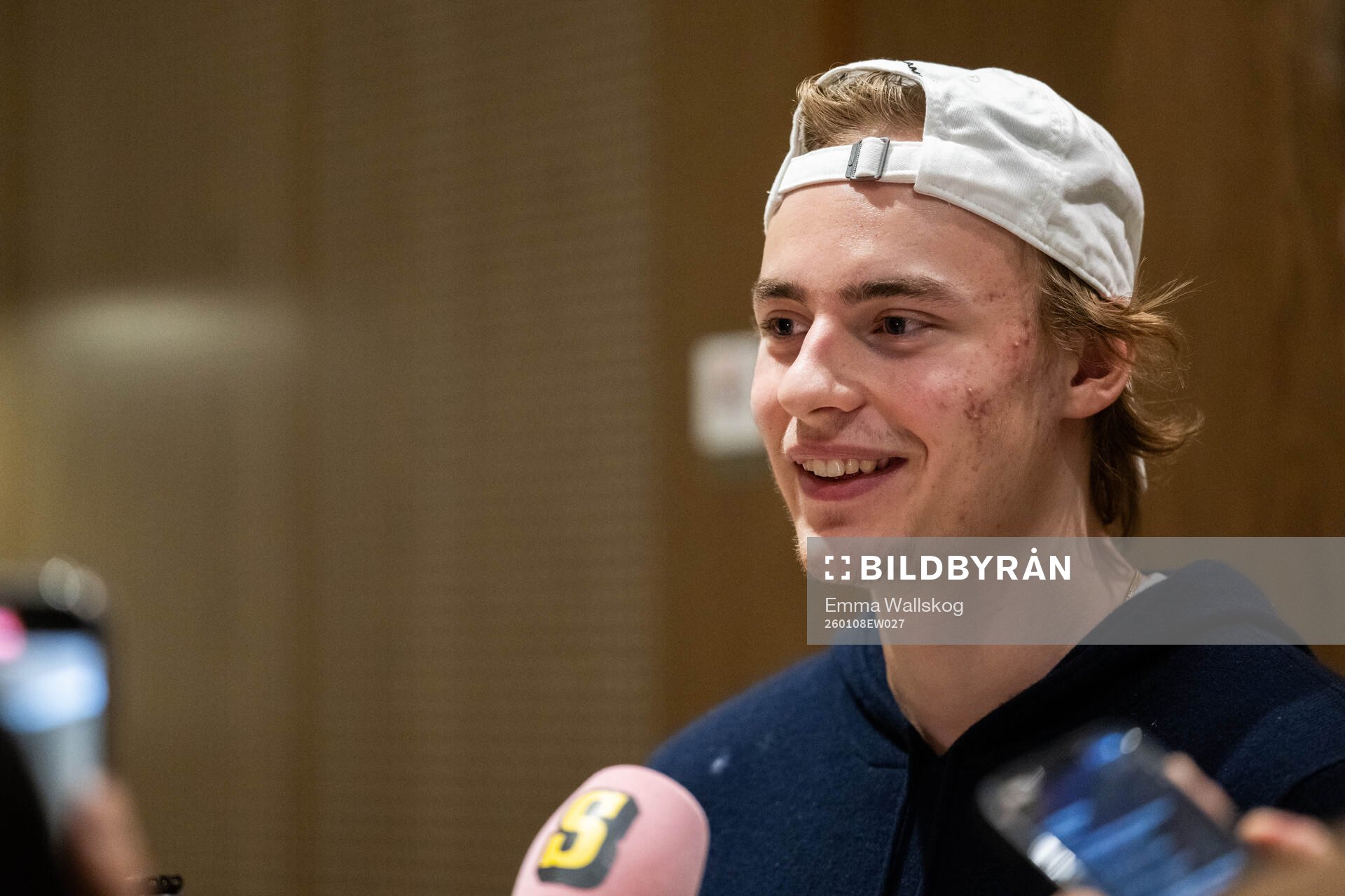 Goaltender Love Härenstam of Sweden is interviewed as he