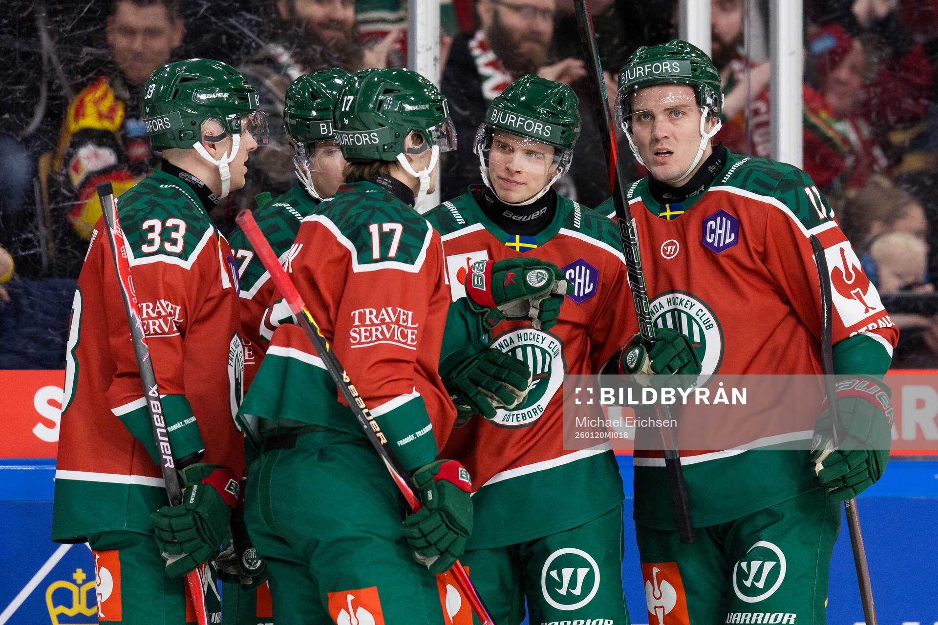 Isac Heens of Frölunda celebrate with team mates