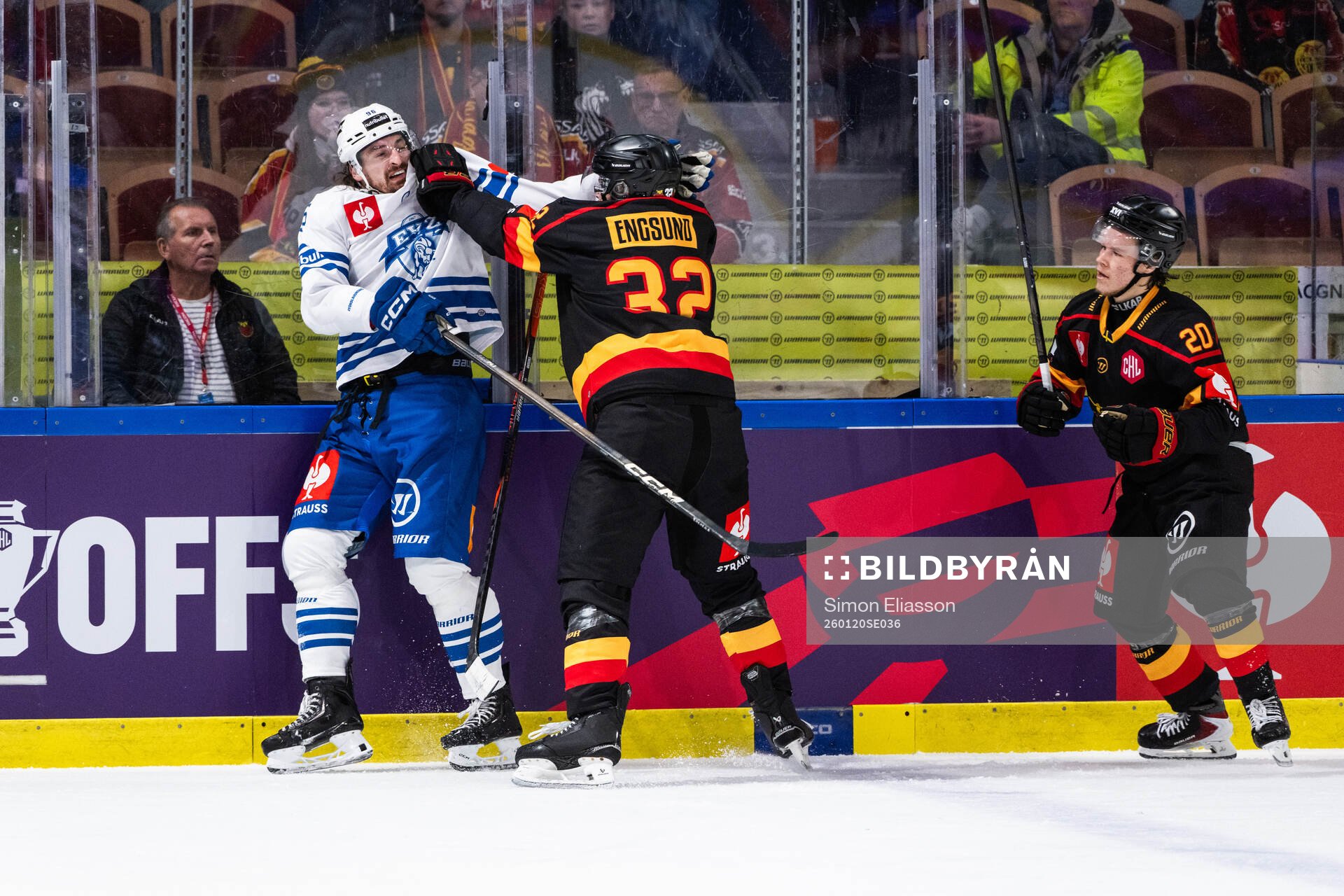 Daniel Voženilek of EV Zug, Oscar Engsund and Casper
