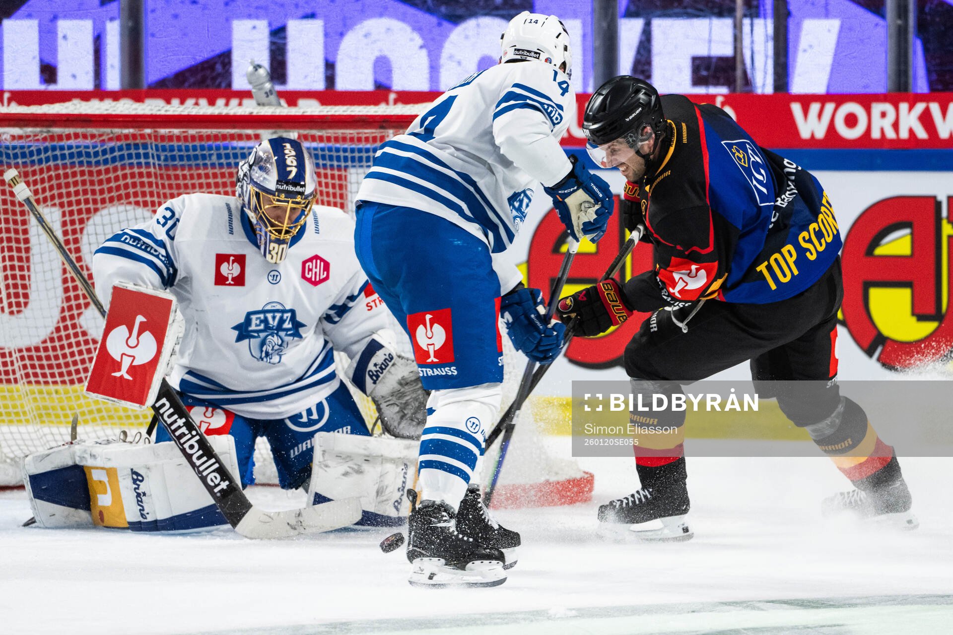 Goaltender Leonardo Genoni of EV Zug and Mathias Bromé of