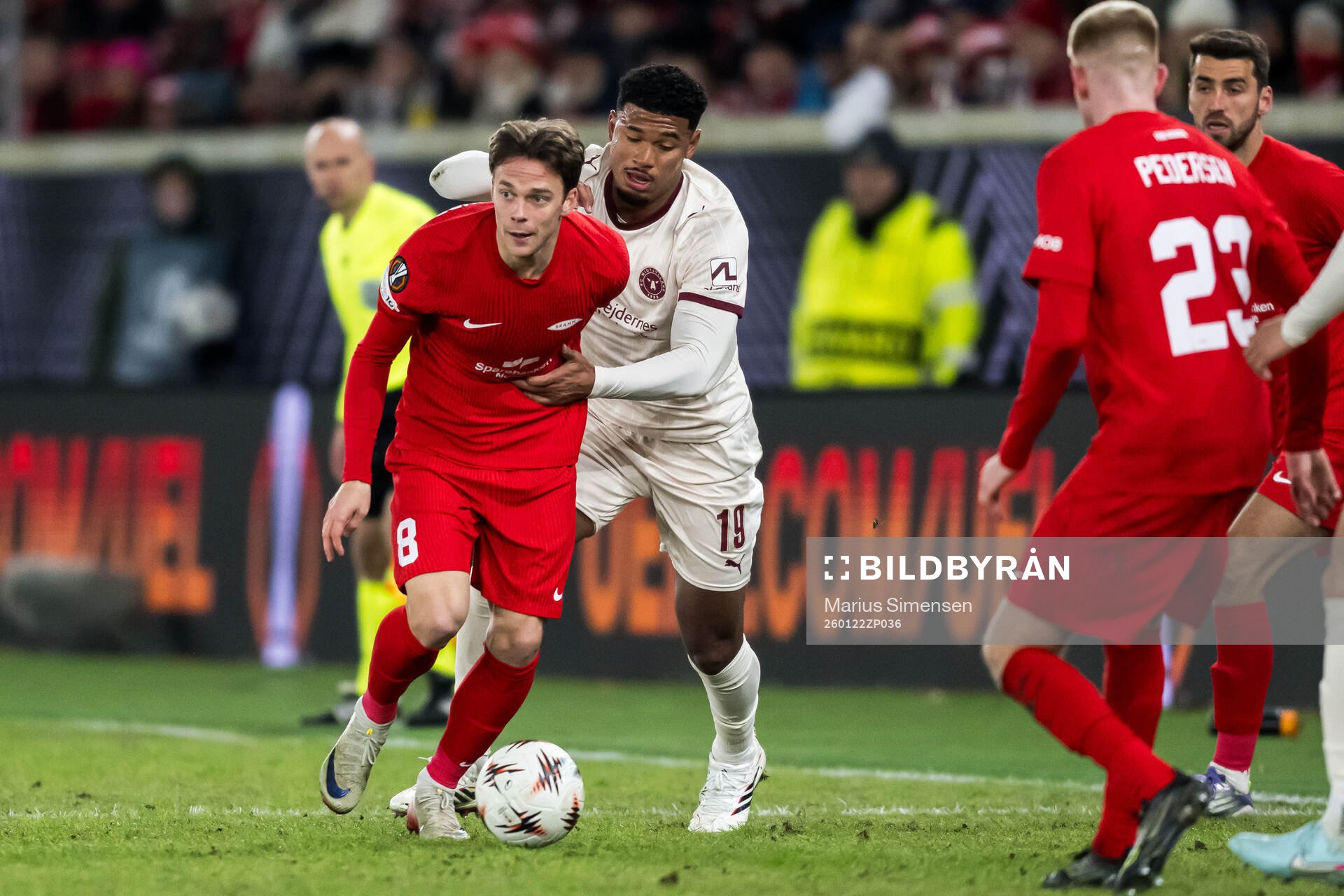 Felix Horn Myhre  of Brann and Pedro Bravo of Midtjylland