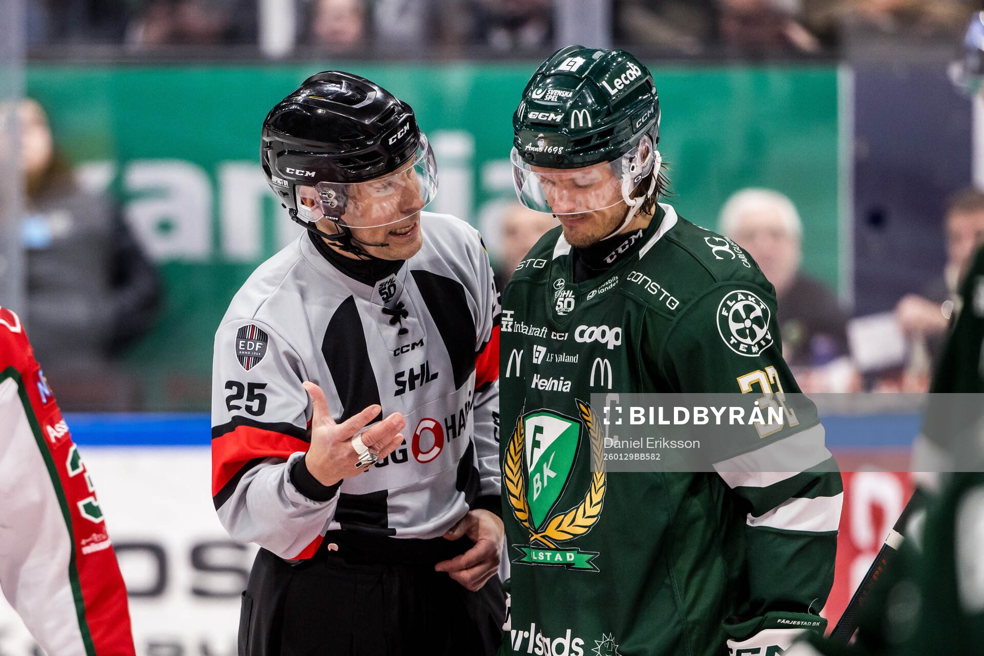 Domare Tobias Björk och Färjestads Magnus Nygren