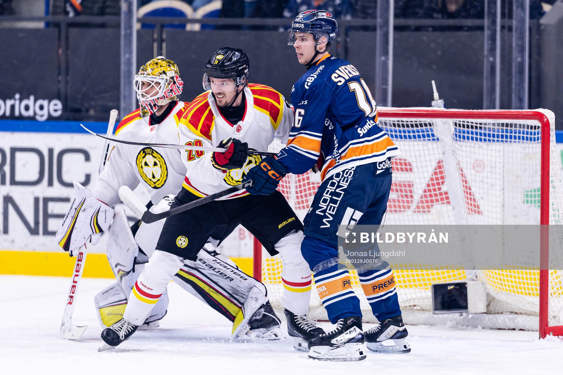 Brynäs målvakt Damian Clara, Johannes Kinnvall och