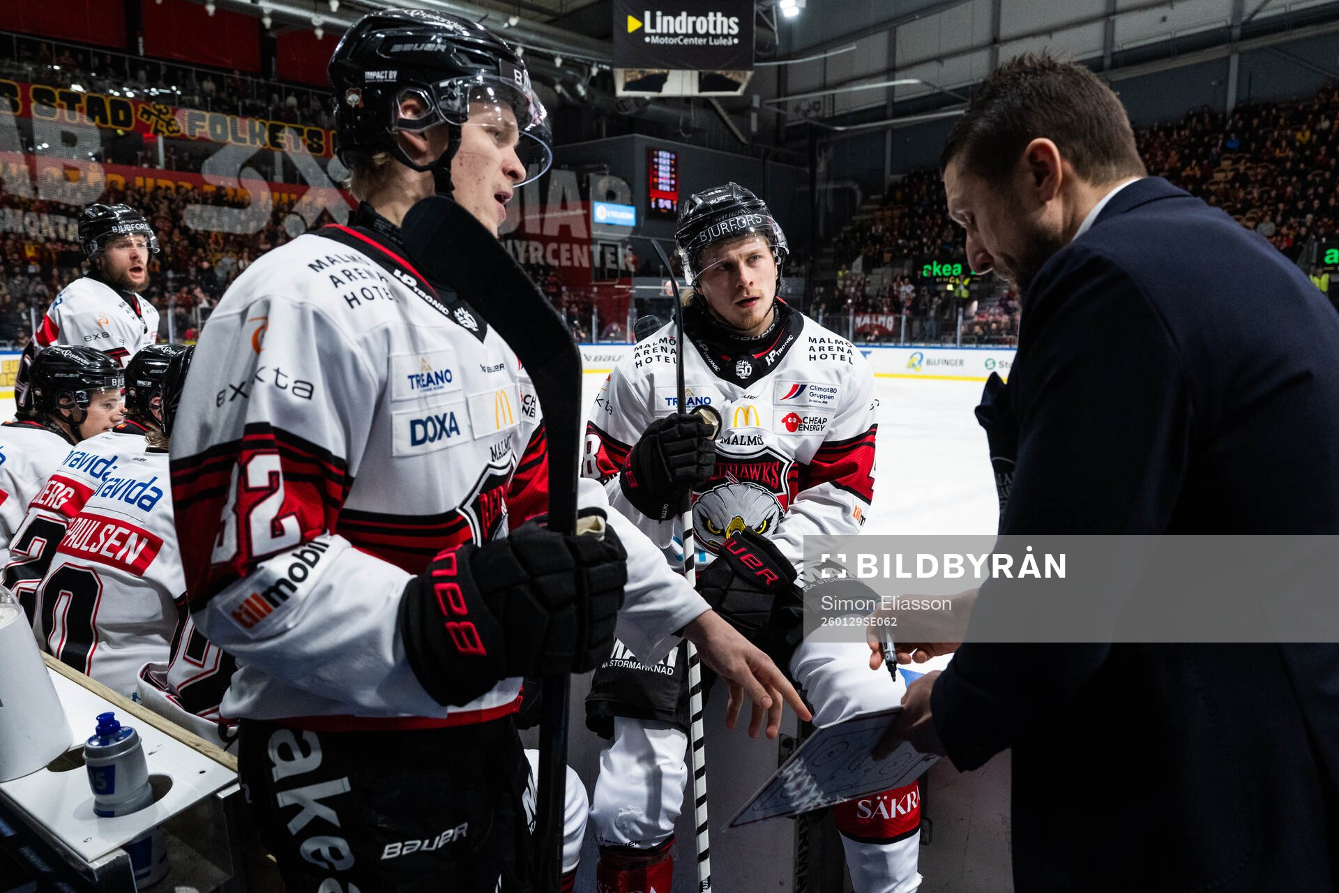 Malmö Redhawks Joona Ikonen, Lauri Pajuniemi och tränare