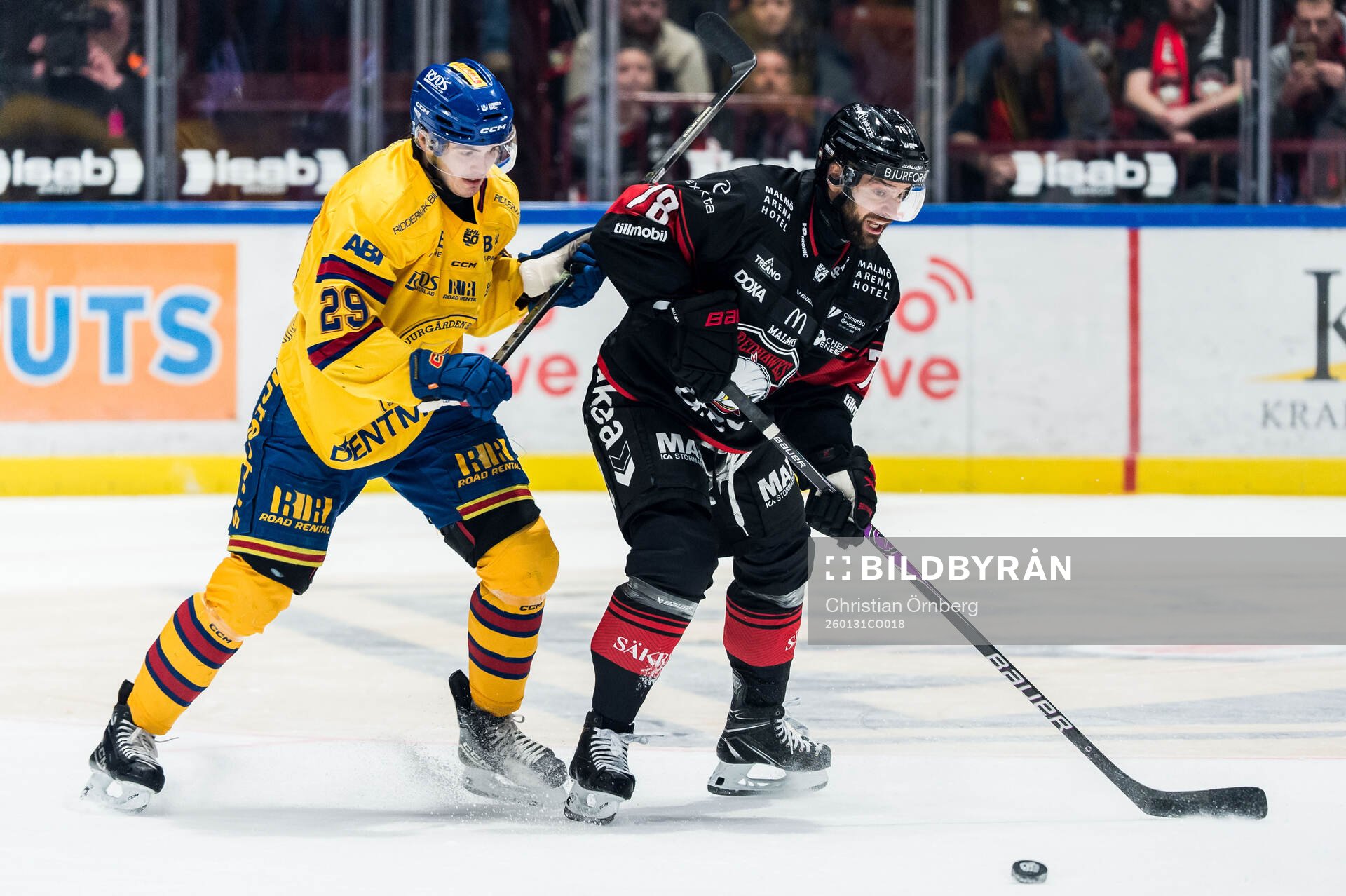 Djurgårdens Håvard Salsten och Malmö Redhawks Robin Hanzl