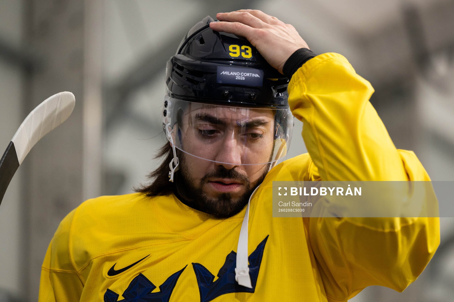 Mika Zibanejad of Sweden at an ice hockey practice session