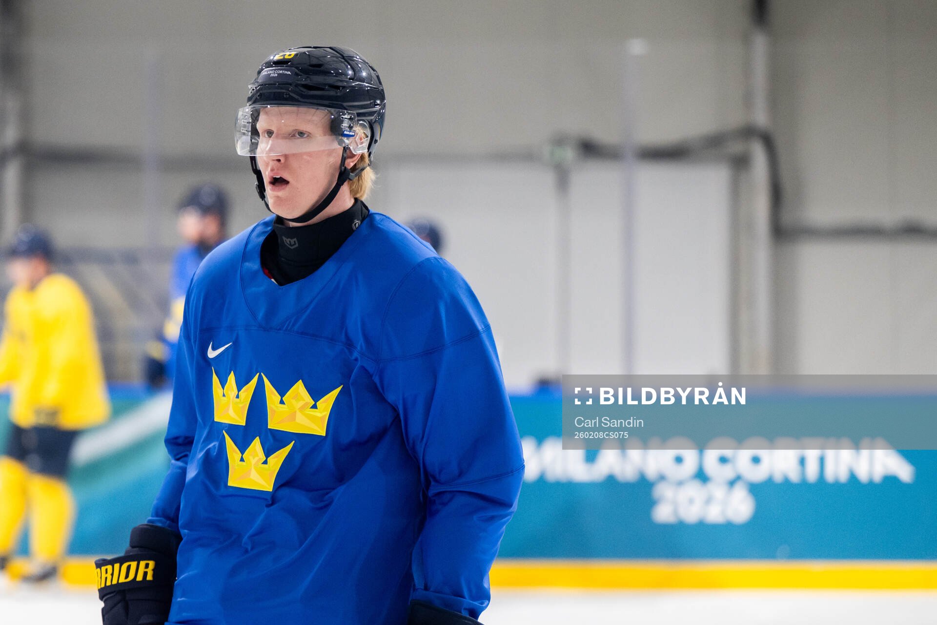 Rasmus Dahlin of Sweden at an ice hockey practice session