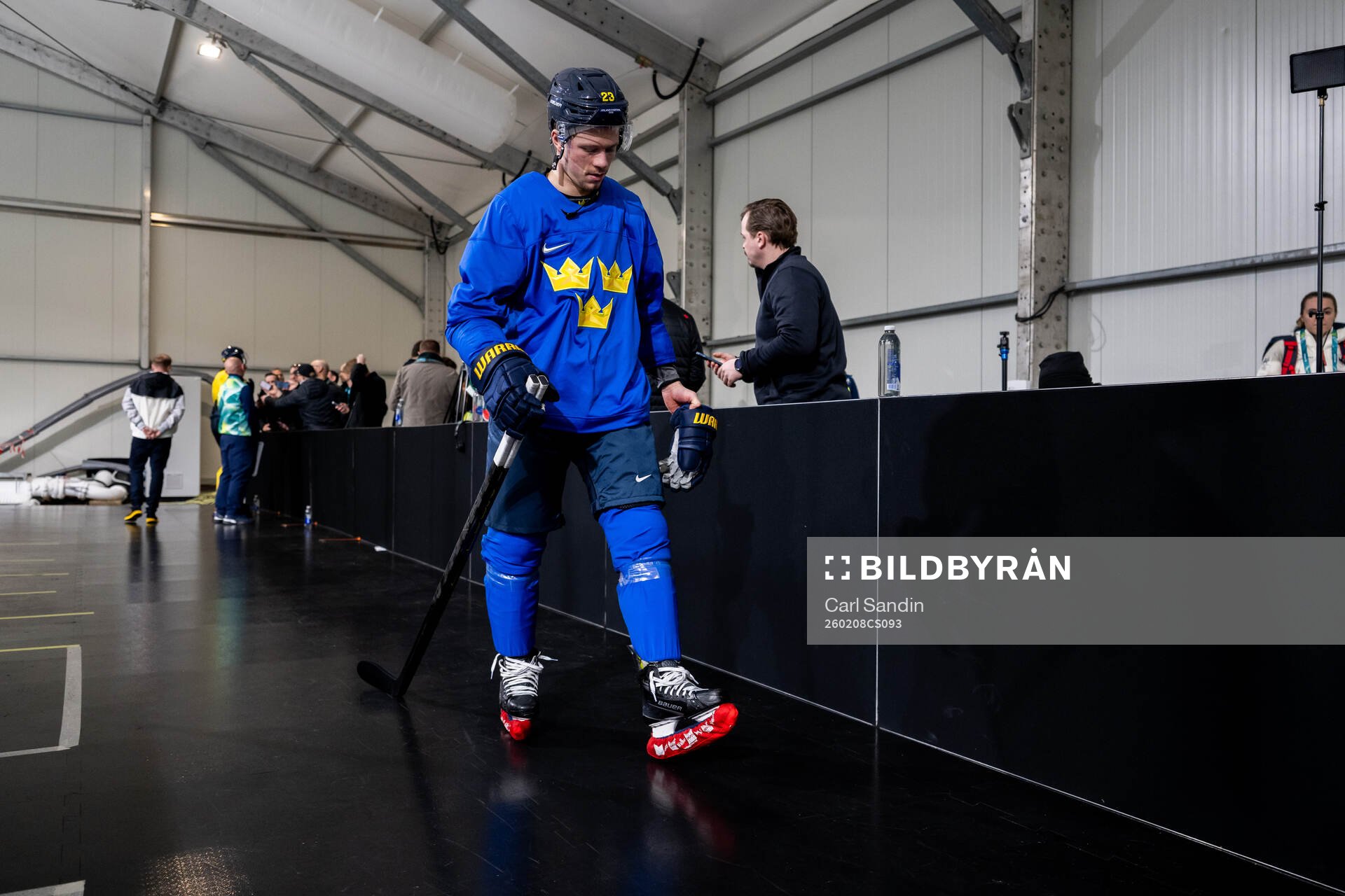 Lucas Raymond of Sweden at an ice hockey practice session