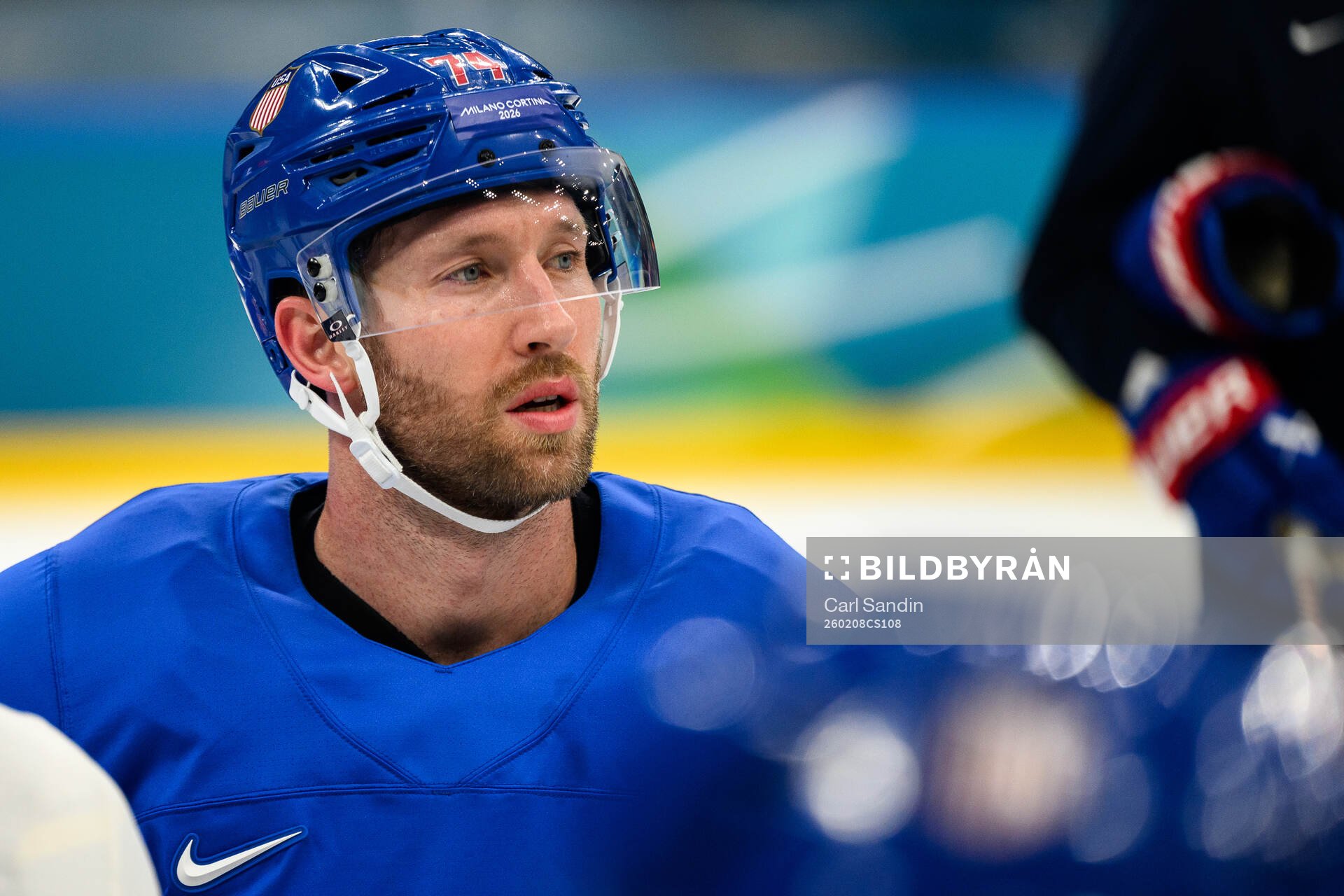 Jaccob Slavin of USA at an ice hockey practice session