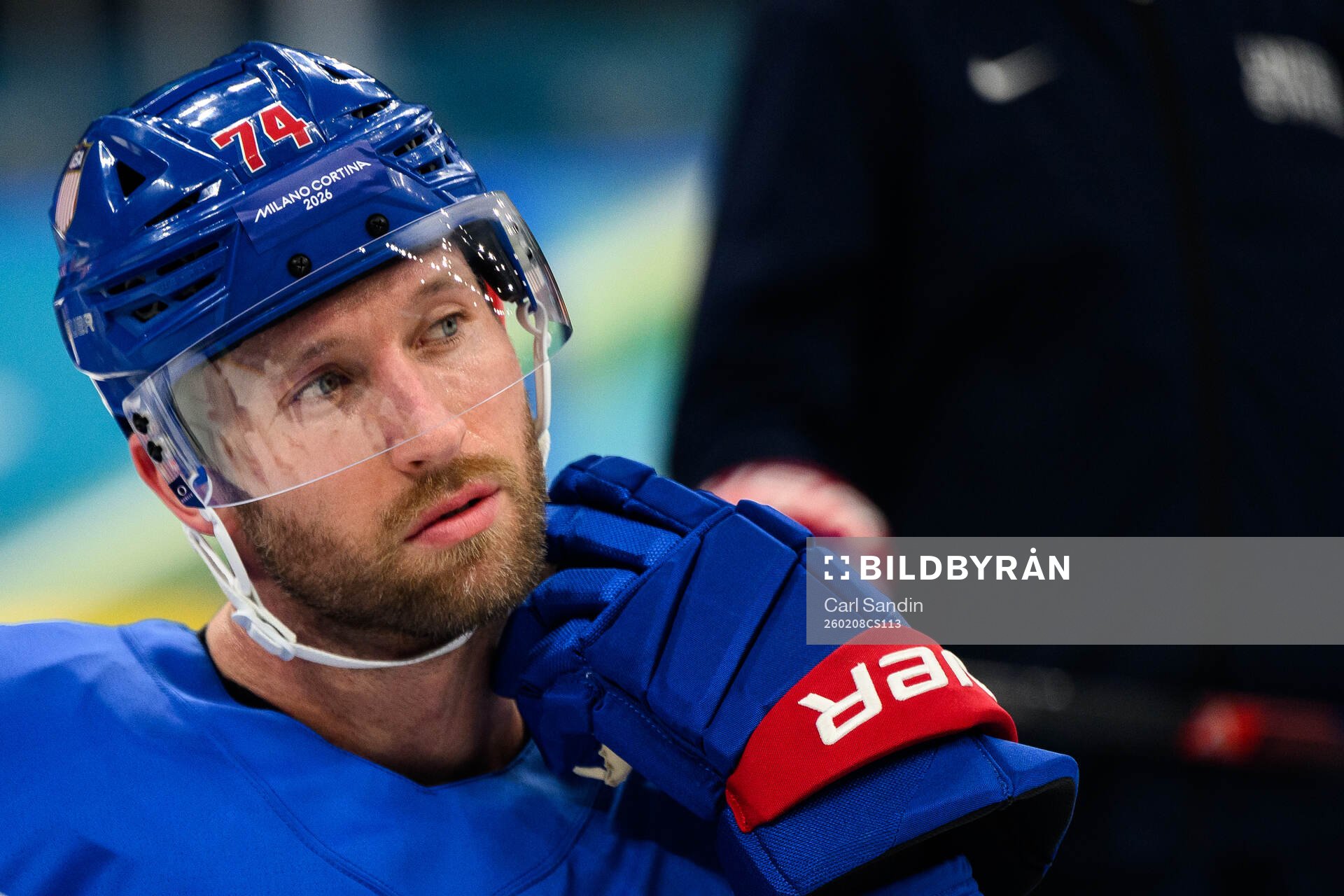 Jaccob Slavin of USA at an ice hockey practice session