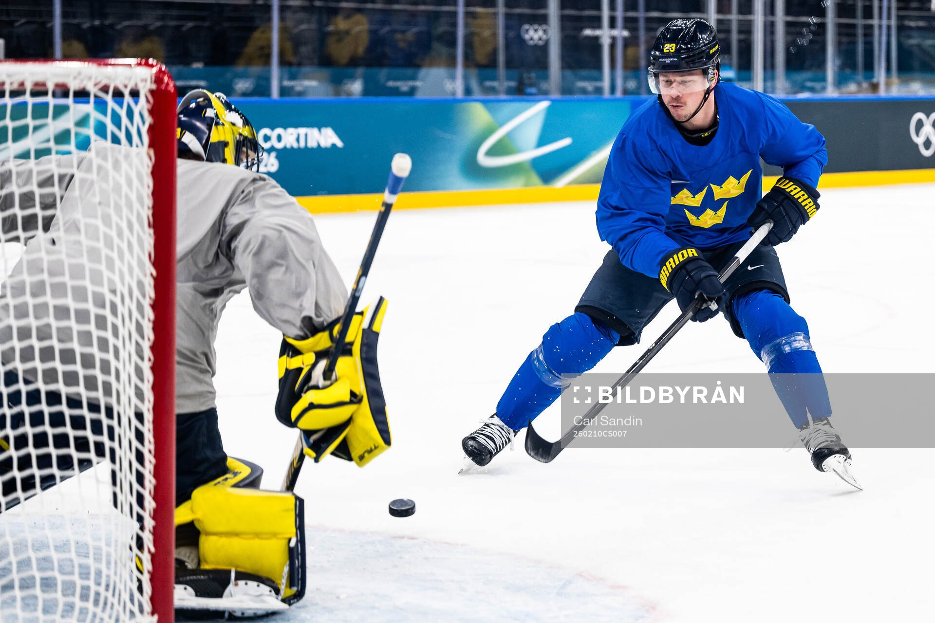 Lucas Raymond of Sweden at an ice hockey practice session