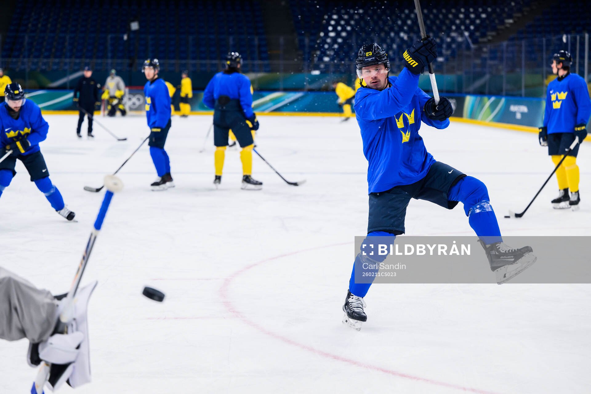 Lucas Raymond of Sweden at an ice hockey practice session