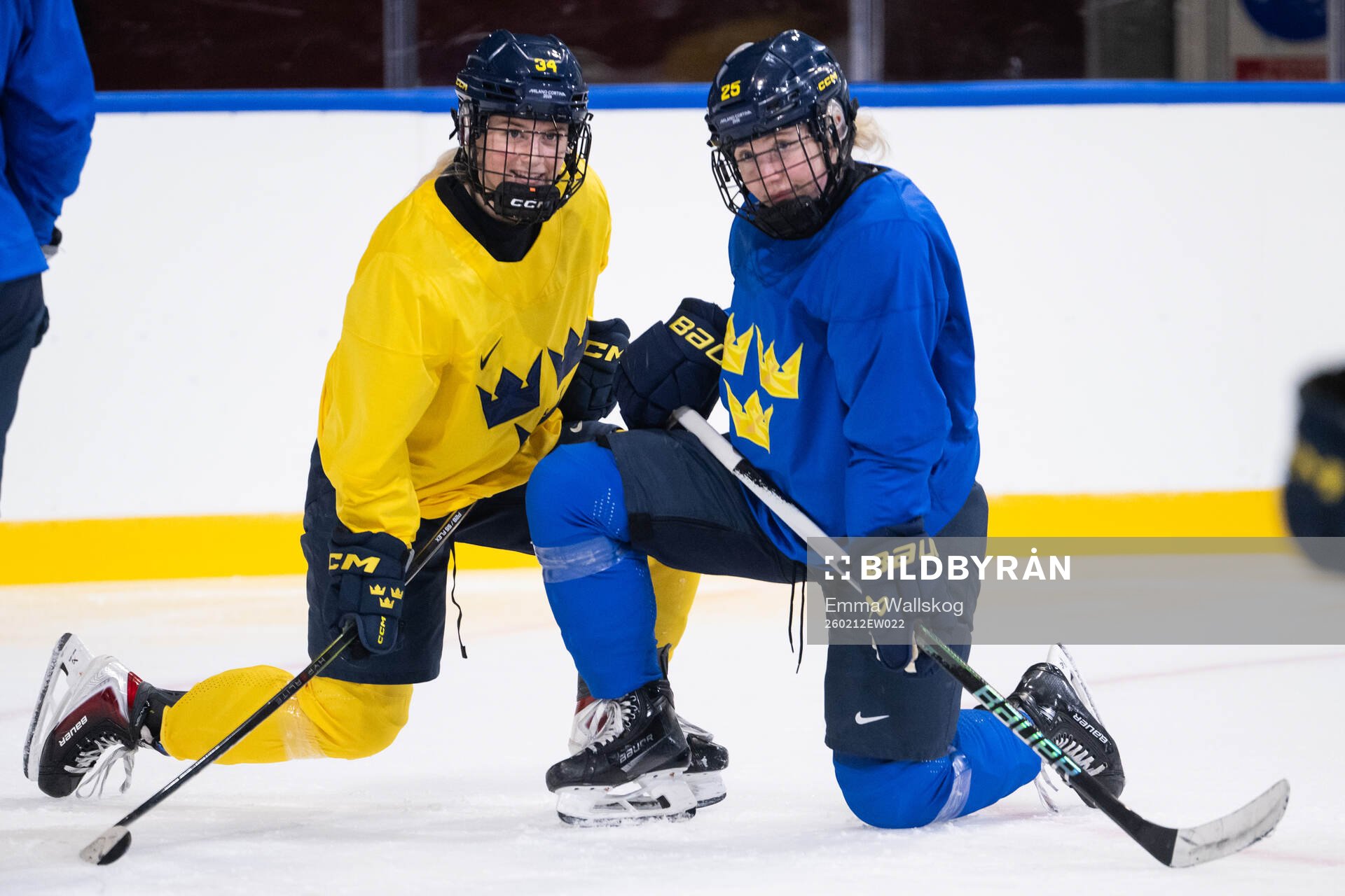 Mira Hallin and Lina Ljungblom of Sweden at a ice hockey