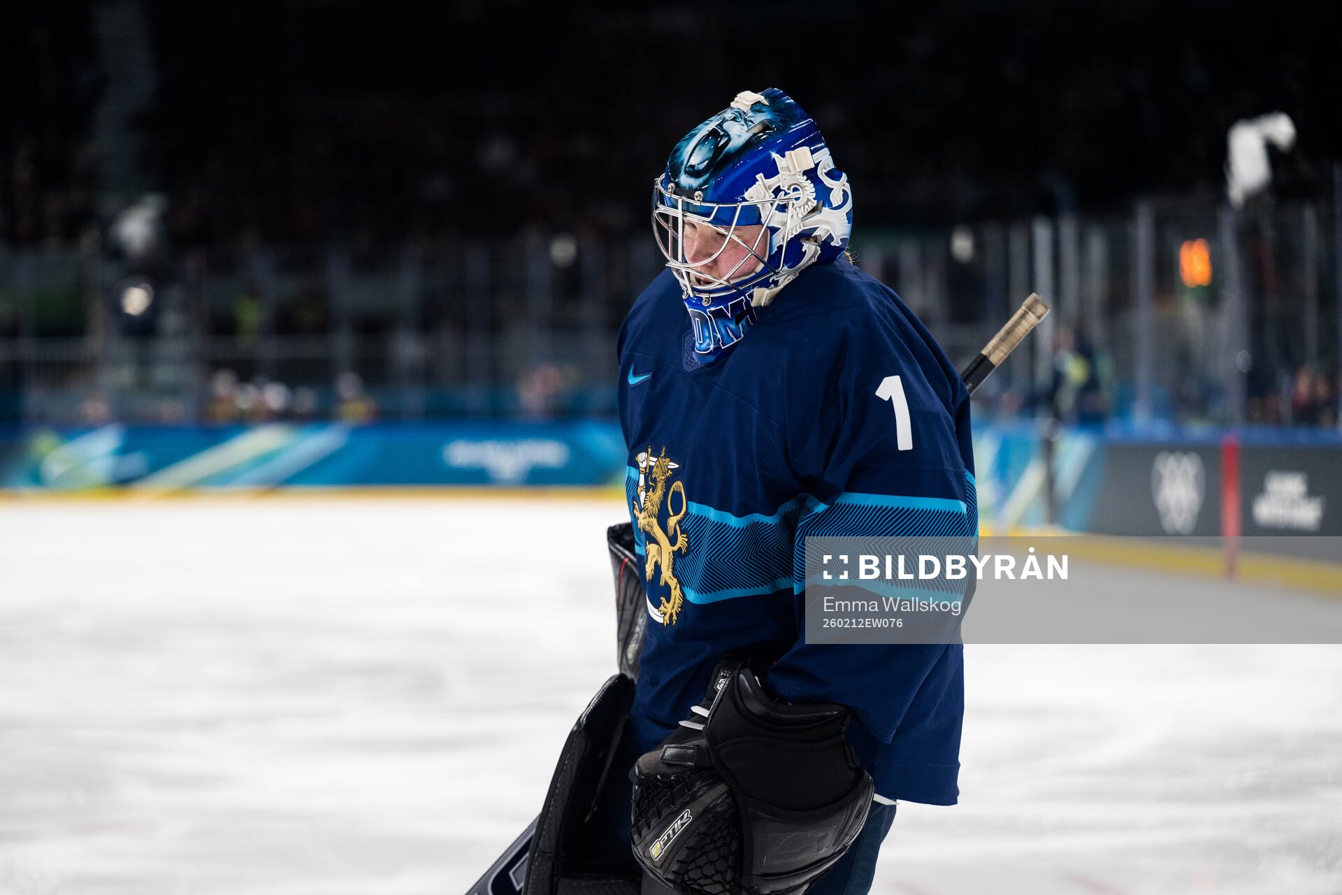 goaltender Sanni Ahola of Finland looks dejected in the