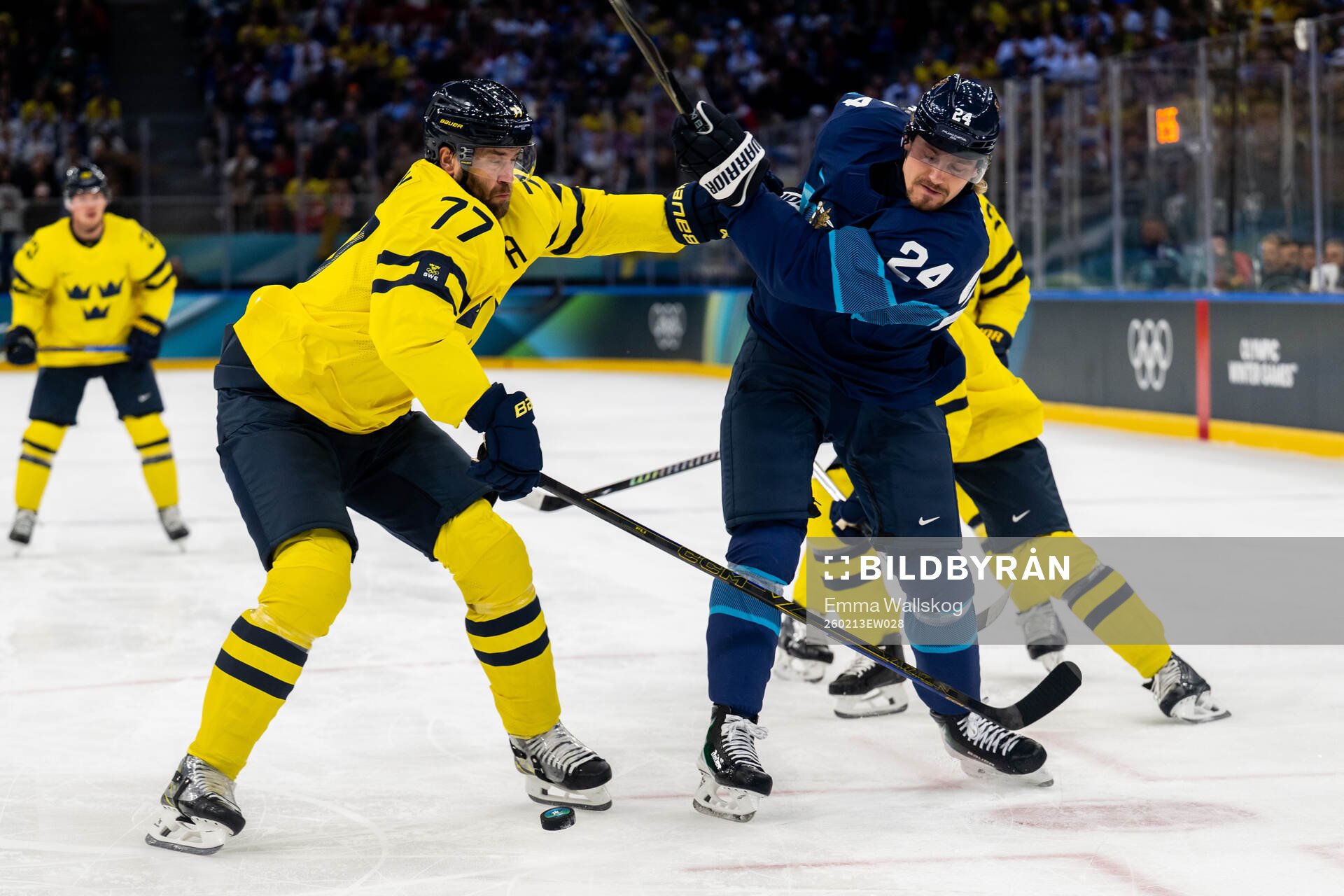 Victor Hedman of Sweden and Roope Hintz of Finland in the