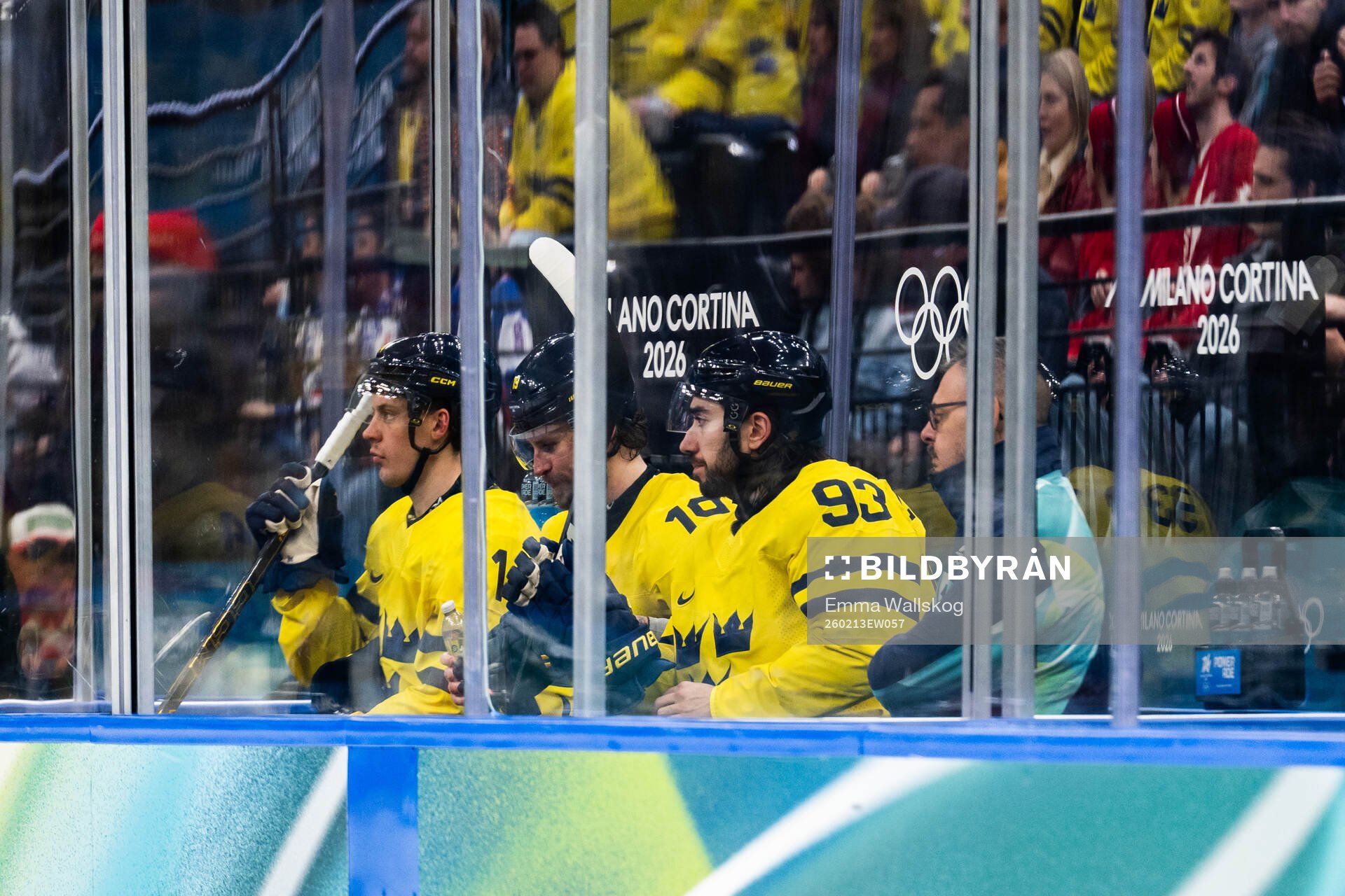 Joel Eriksson Ek, Adrian Kempe and Mika Zibanejad of Sweden