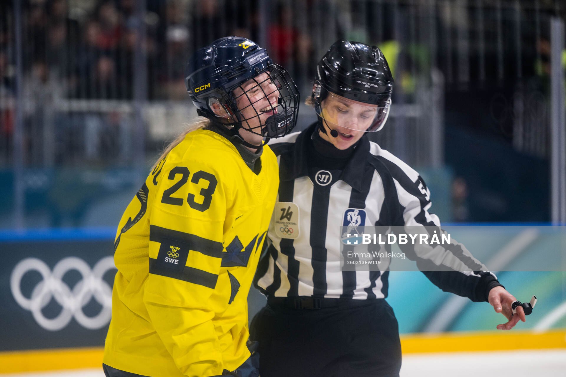 Thea Johansson of Sweden reacts in the women's ice hockey