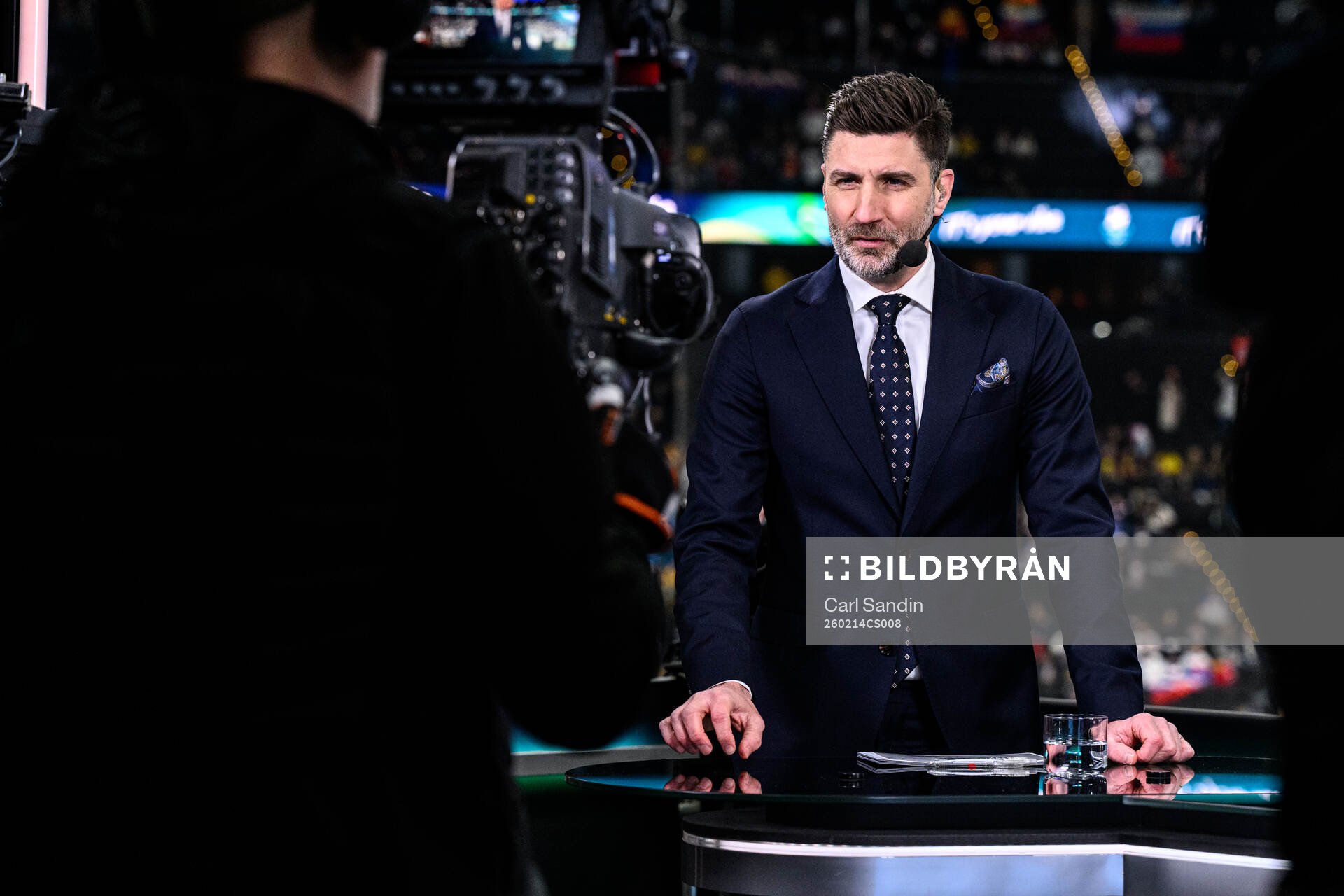 Björn Oldén of Swedish broadcaster TV4 in the men's ice