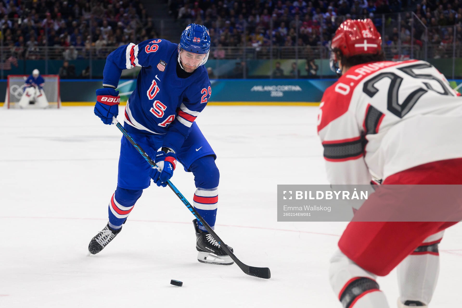 Brock Nelson of USA in the men's ice hockey game between