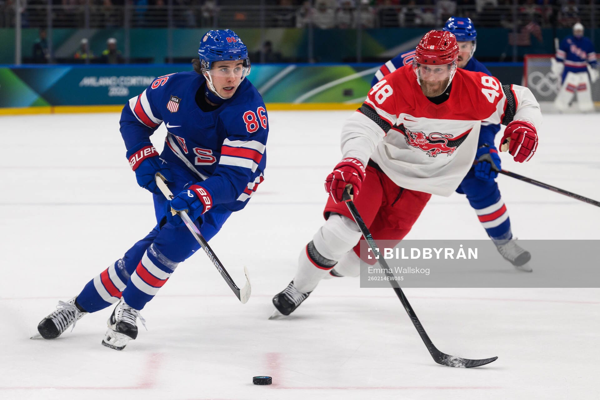 Jack Hughes of USA and Nicholas B Jensen of Denmark in the