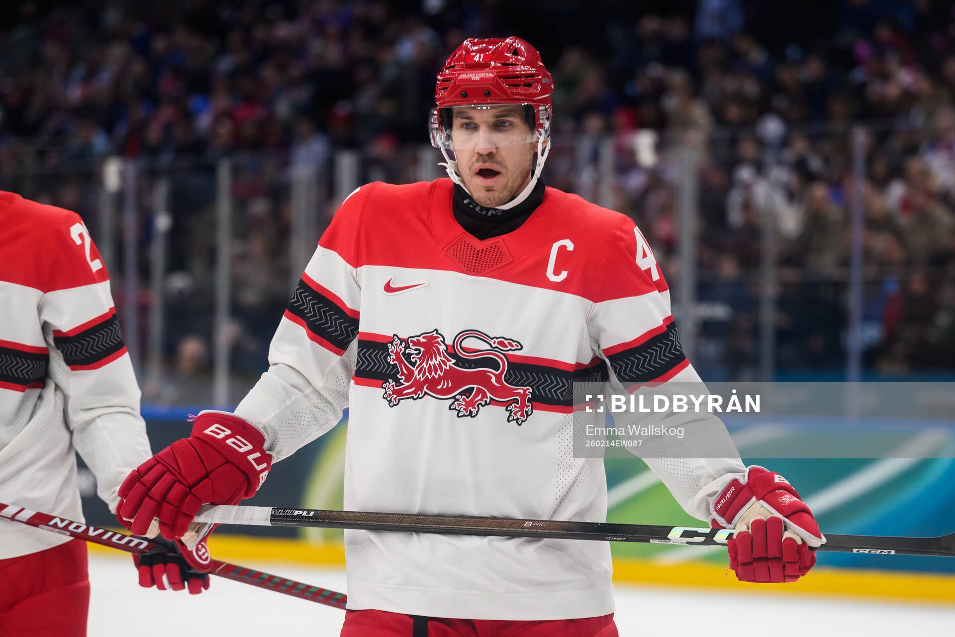 Jesper Jensen Aabo of Denmark in the men's ice hockey game