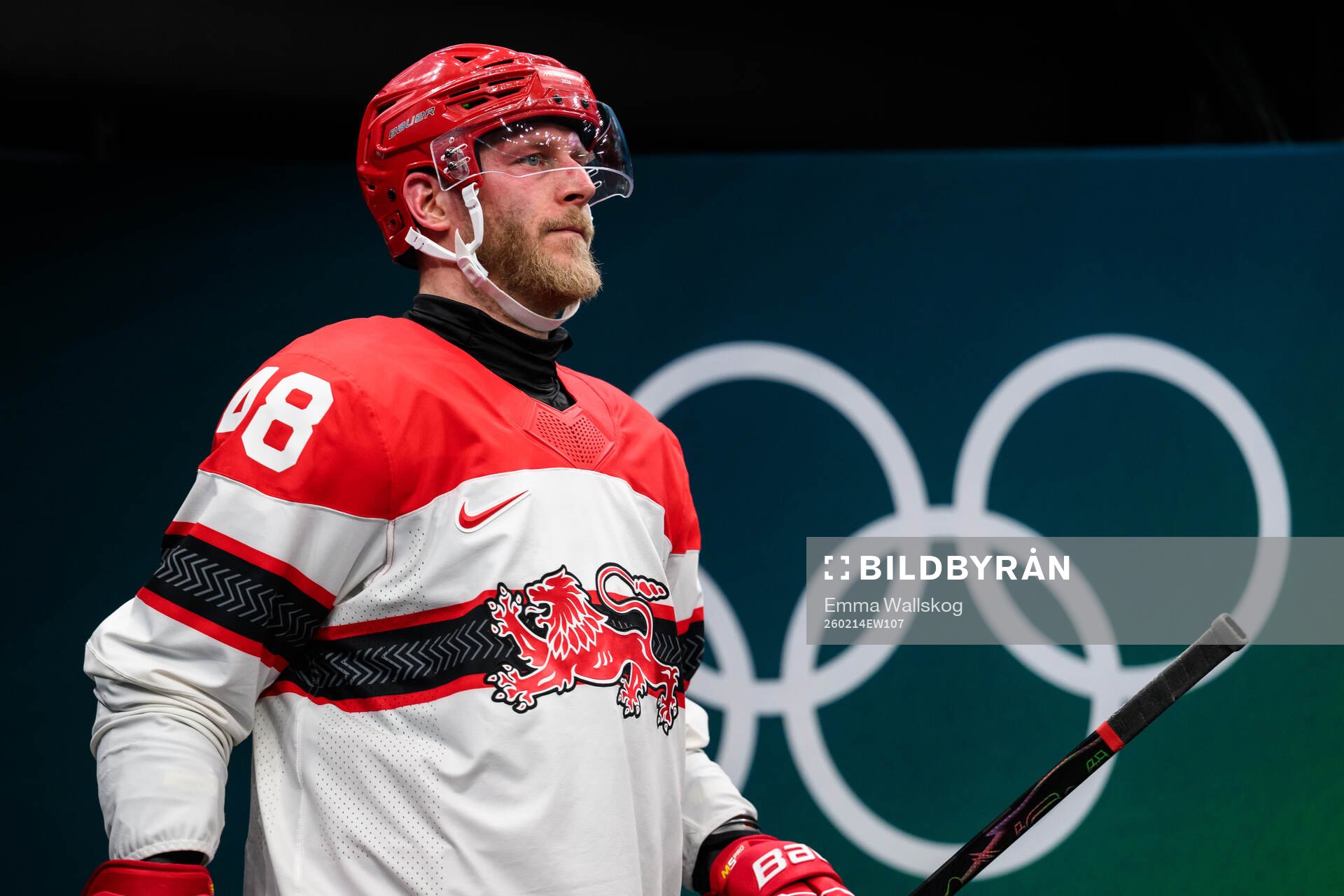 Nicholas B Jensen of Denmark in the men's ice hockey game