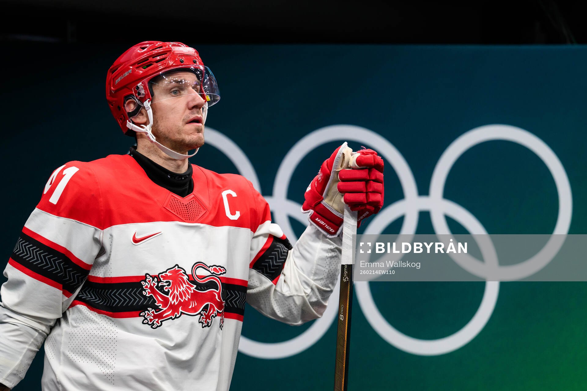Jesper Jensen Aabo of Denmark in the men's ice hockey game