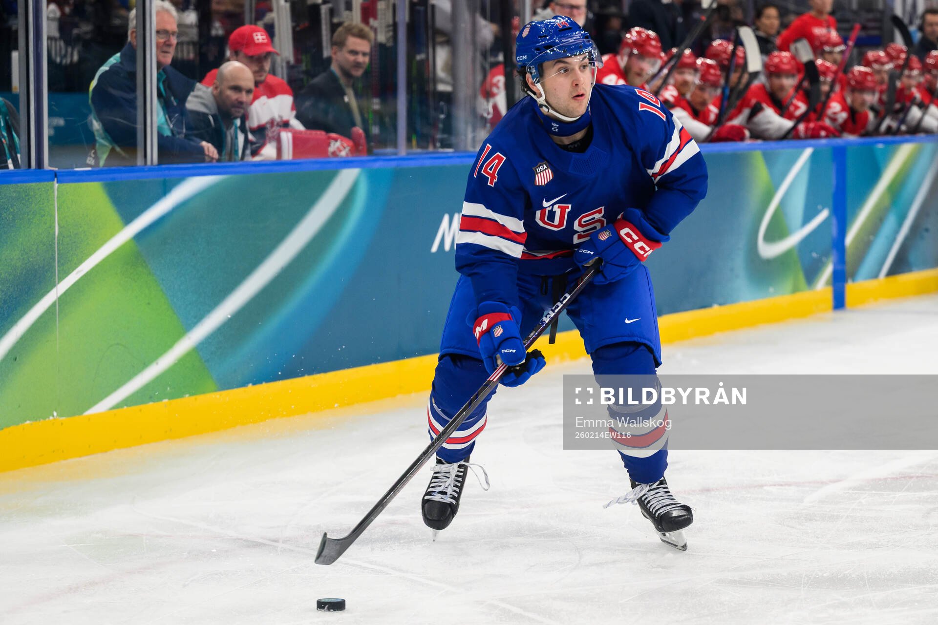 Brock Faber of USA in the men's ice hockey game between USA