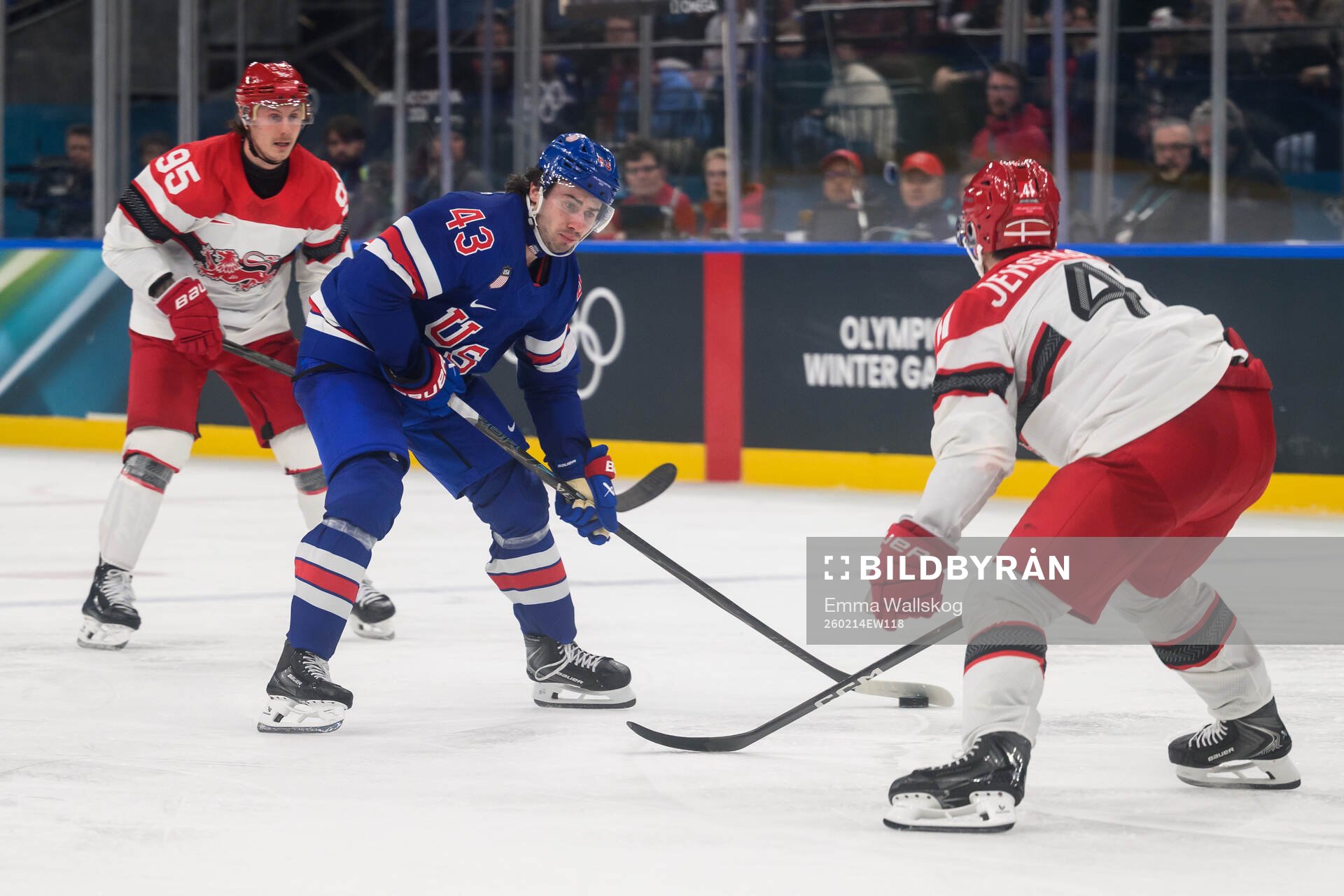 Quinn Hughes of USA and Jesper Jensen Aabo of Denmark in