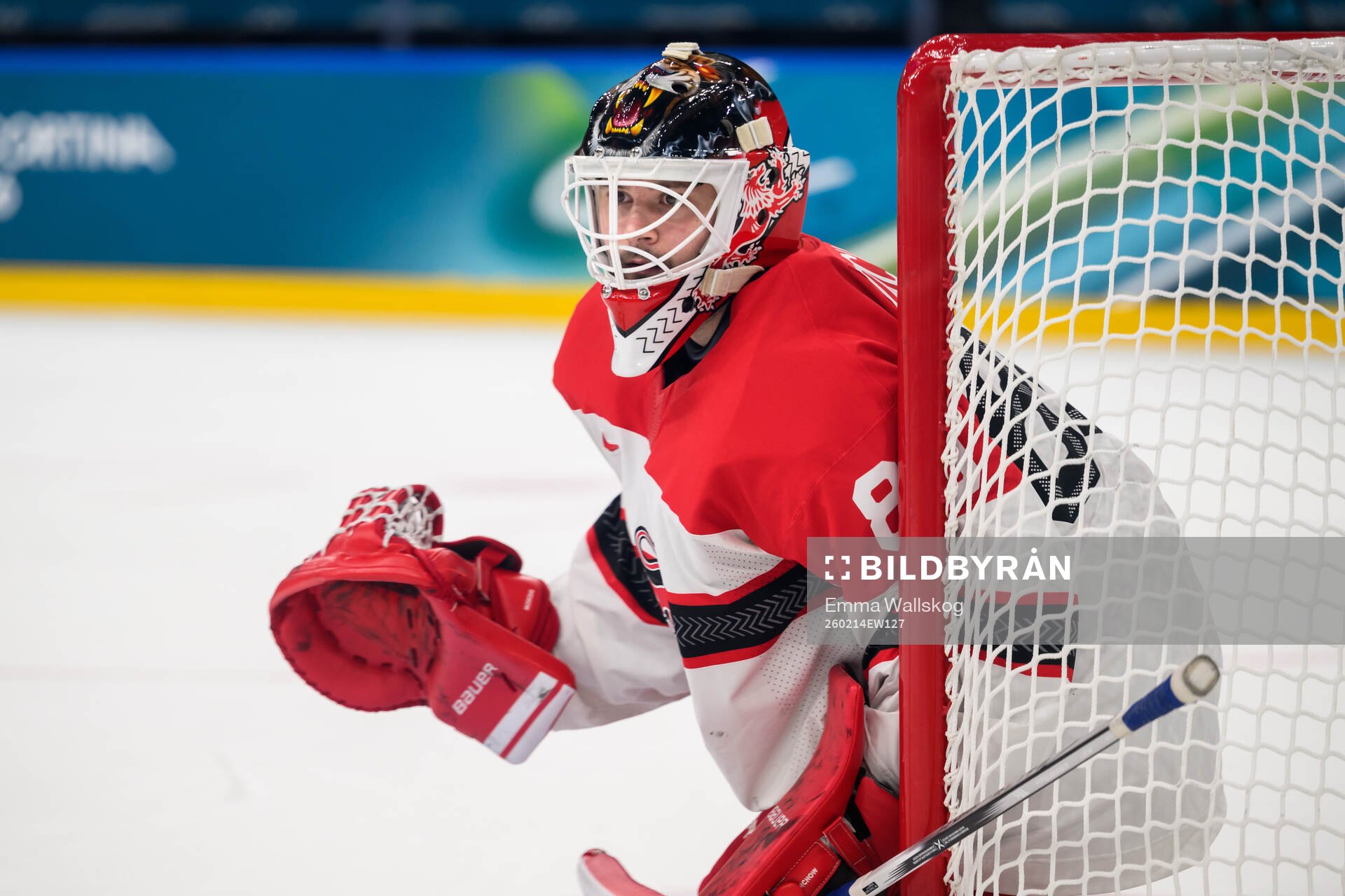 Goaltender Frederik Dichow of Denmark in the men's ice
