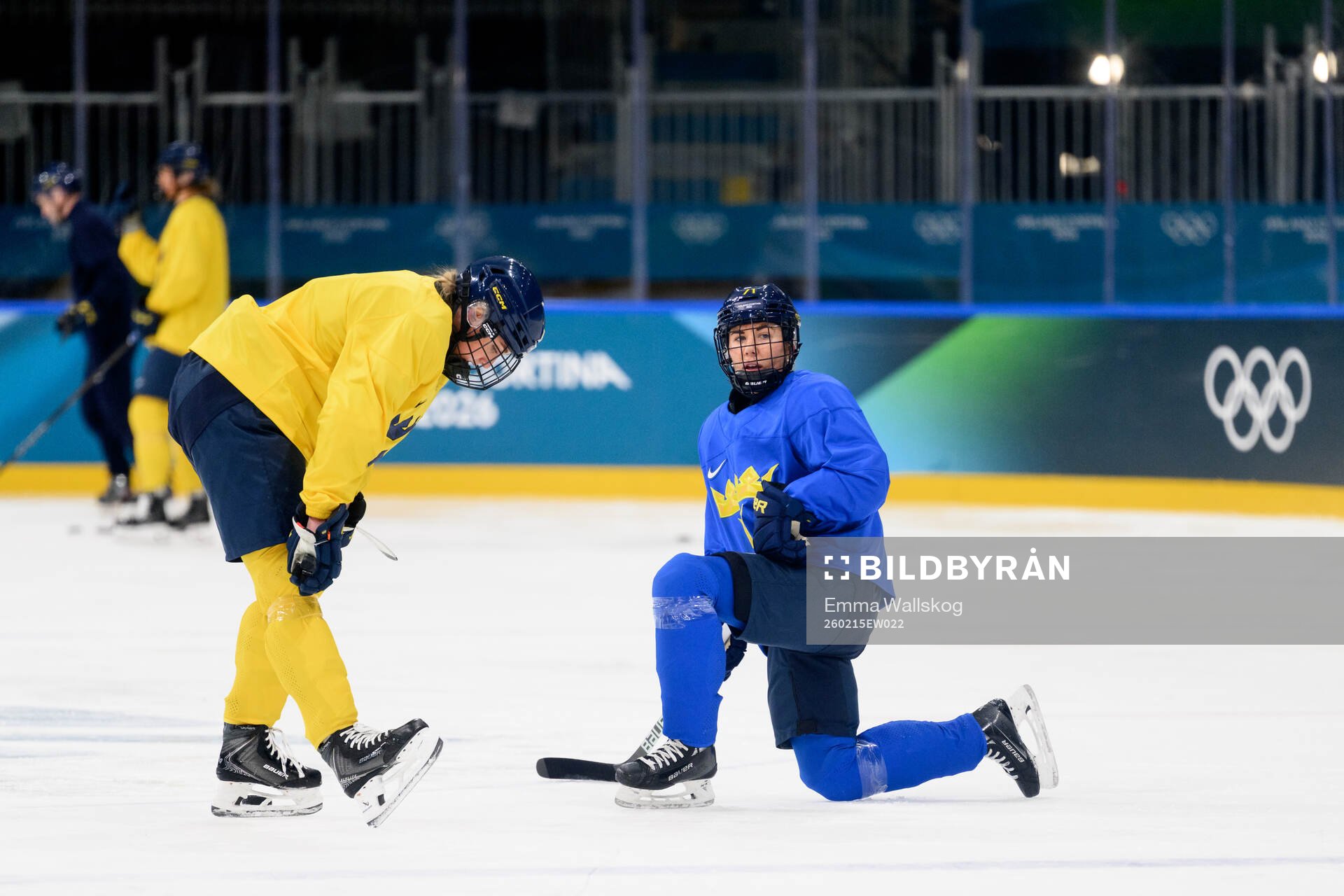 Hanna Olsson and Anna Kjellbin of Sweden at an ice hockey