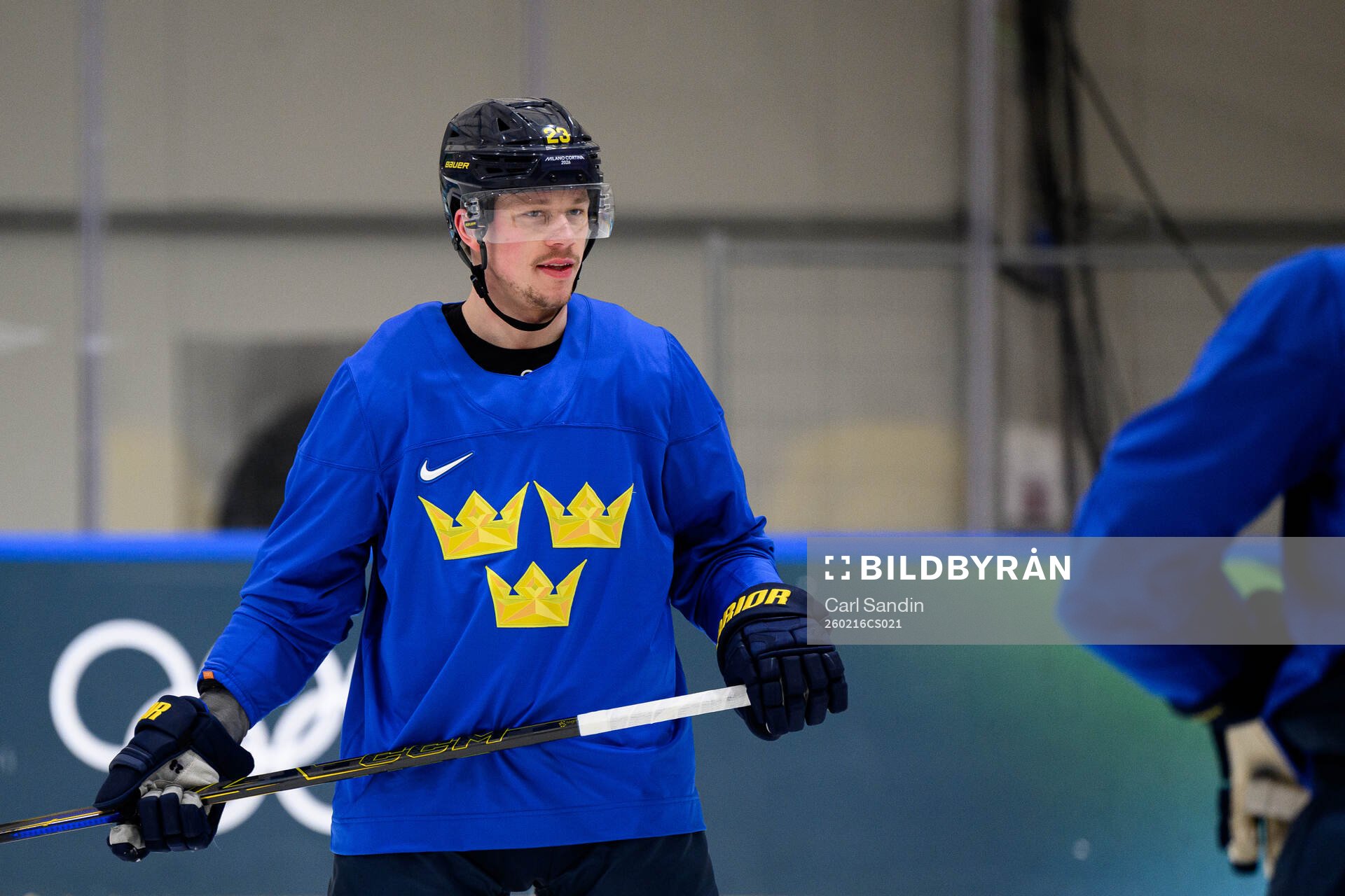 Lucas Raymond of Sweden at an ice hockey practice session