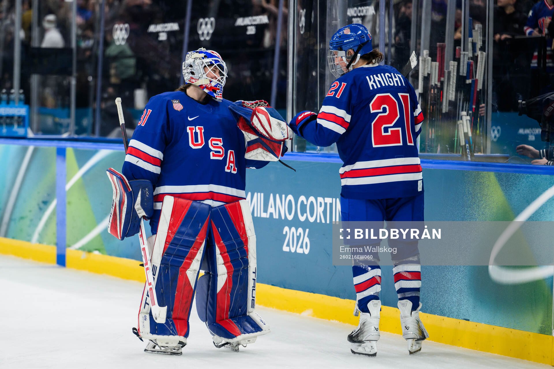 goaltender Aerin Frankel and Hilary Knight of USA celebrate