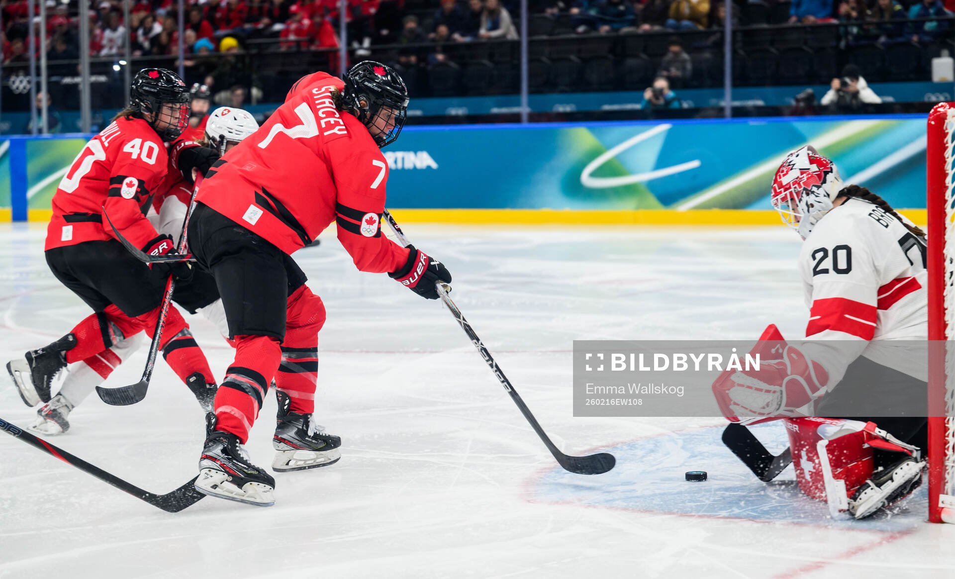 Laura Stacey of Canada against goaltender Andrea Braendli