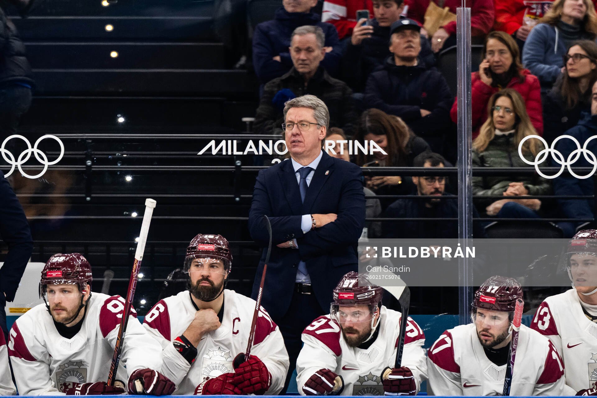 Head coach Harijs Vitolins of Latvia in the men's ice