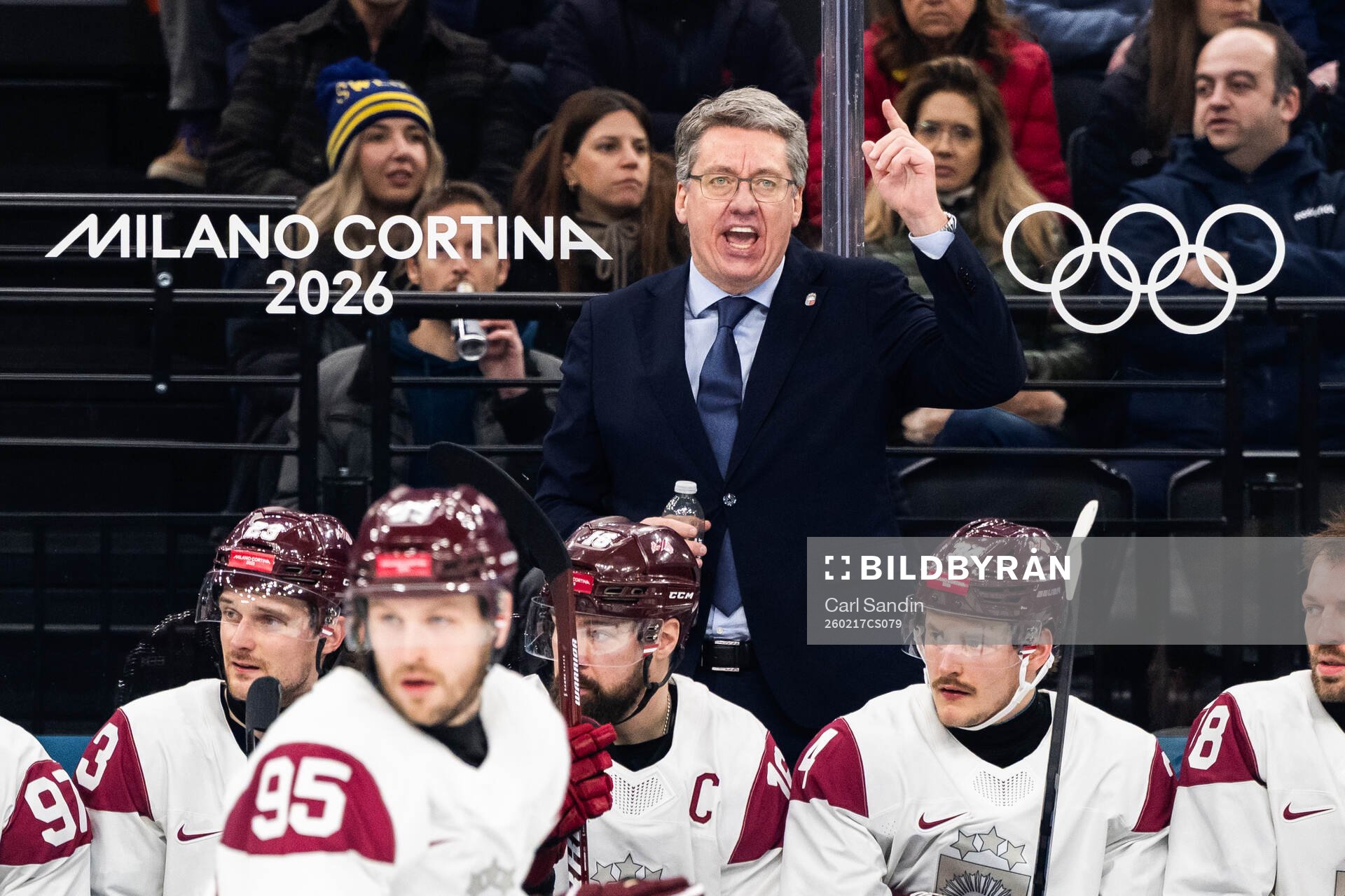 Head coach Harijs Vitolins of Latvia in the men's ice