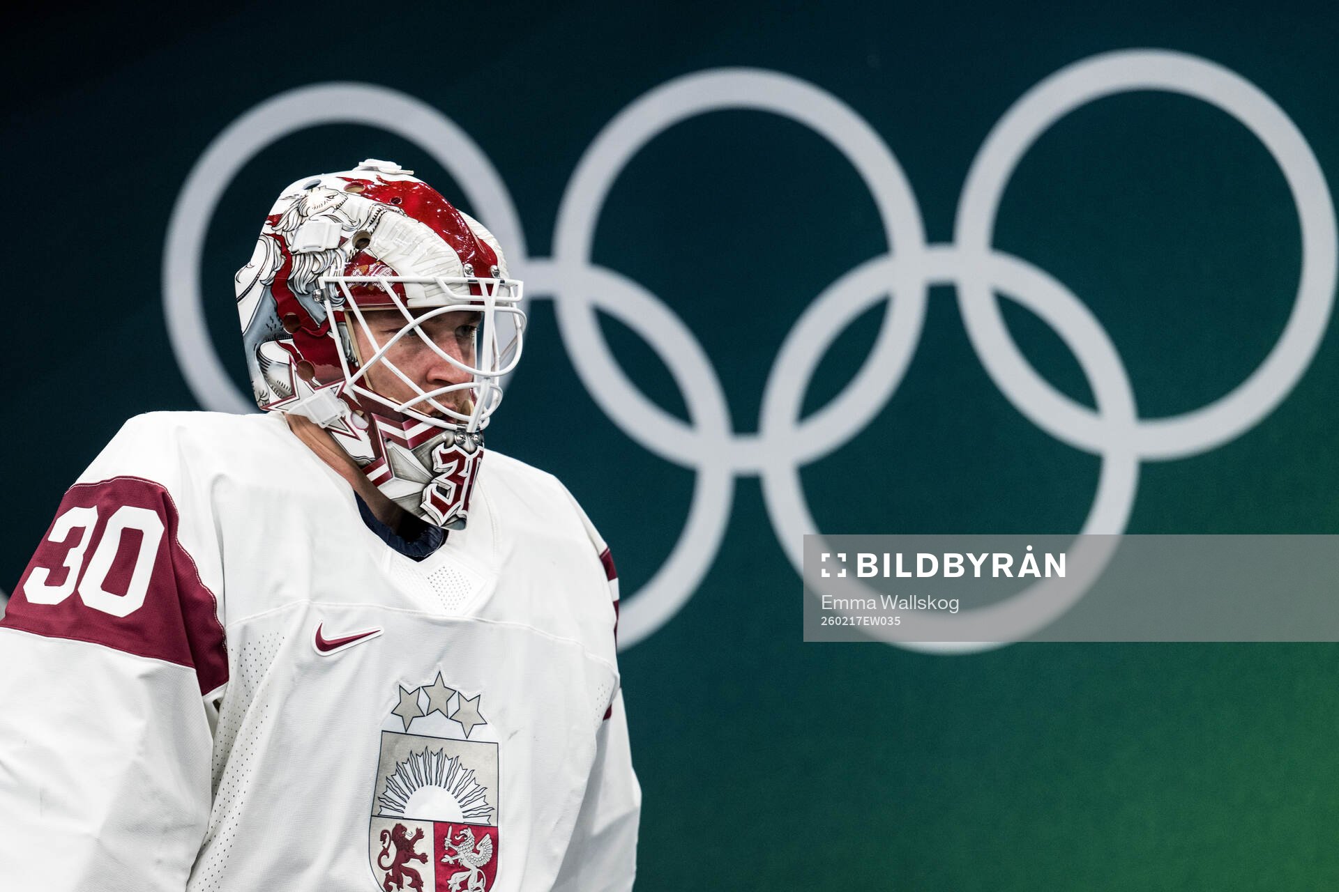 Goaltender Elvis Merzlikins of Latvia in the men's ice