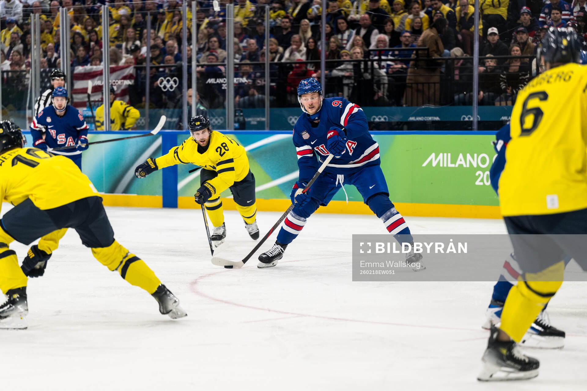 Elias Lindholm of Sweden and Jack Eichel of USA in the